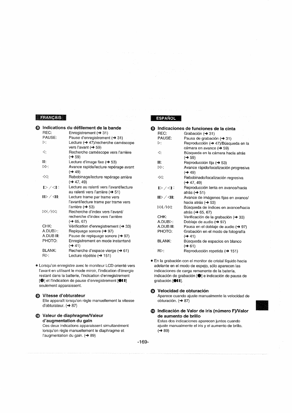 Indications du défilement de la bande, Vitesse d’obturateur, Indicaciones de funciones de la cinta | Velocidad de obturación | Panasonic NVDX100EG User Manual | Page 169 / 188