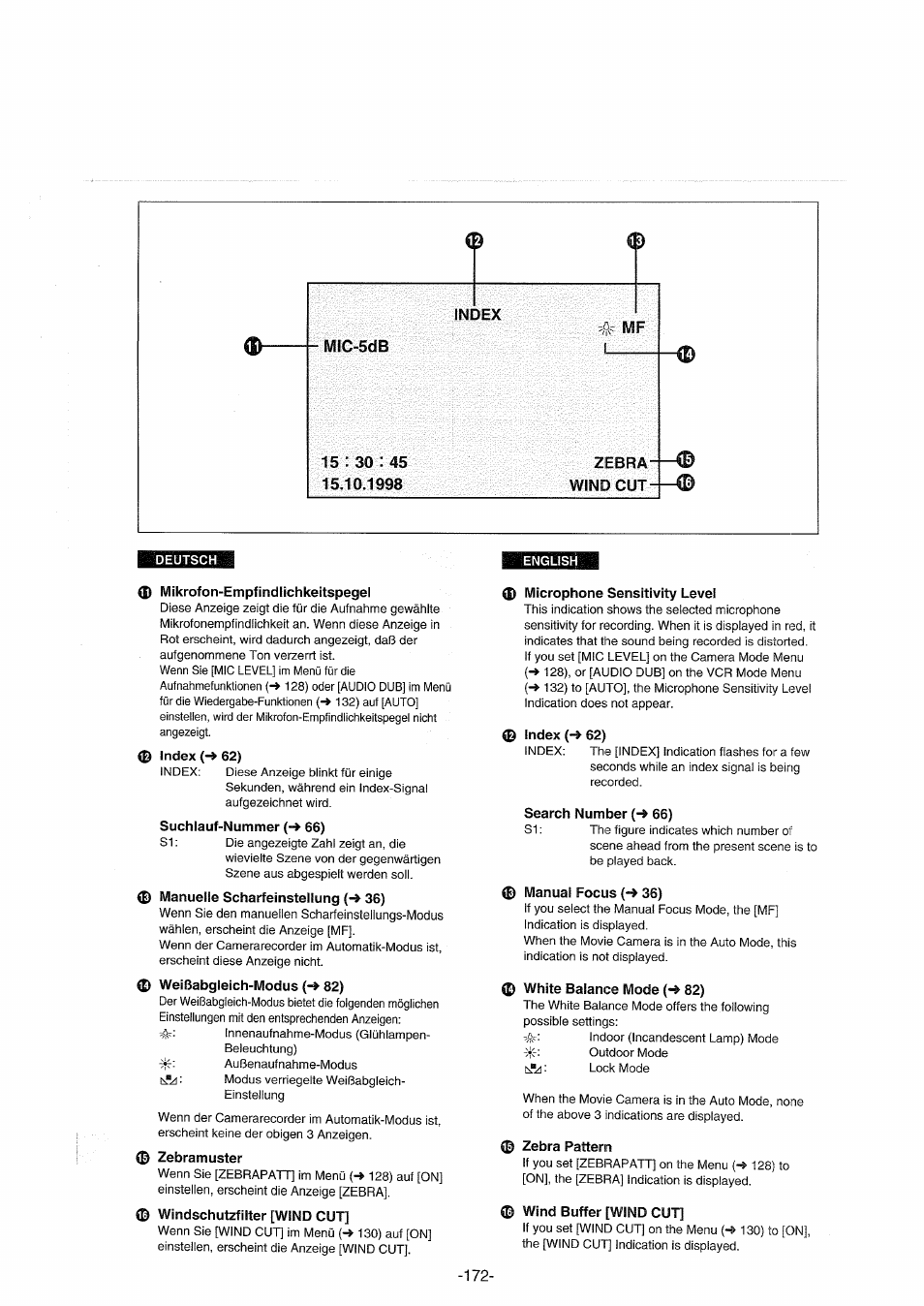 D mikrofon-empfindlichkeitspegel, 0 index (->62), Suchlauf-nummer (-» 66) | 0 manuelle scharfeinstellung (-> 36), 0 weißabgleich-modus {-¥ 82), 0 zebramuster, 0 windschutzfilter [wind cut, 0 microphone sensitivity level, 0 index (-» 62), Search number (-» 66) | Panasonic NVDX100EG User Manual | Page 172 / 188