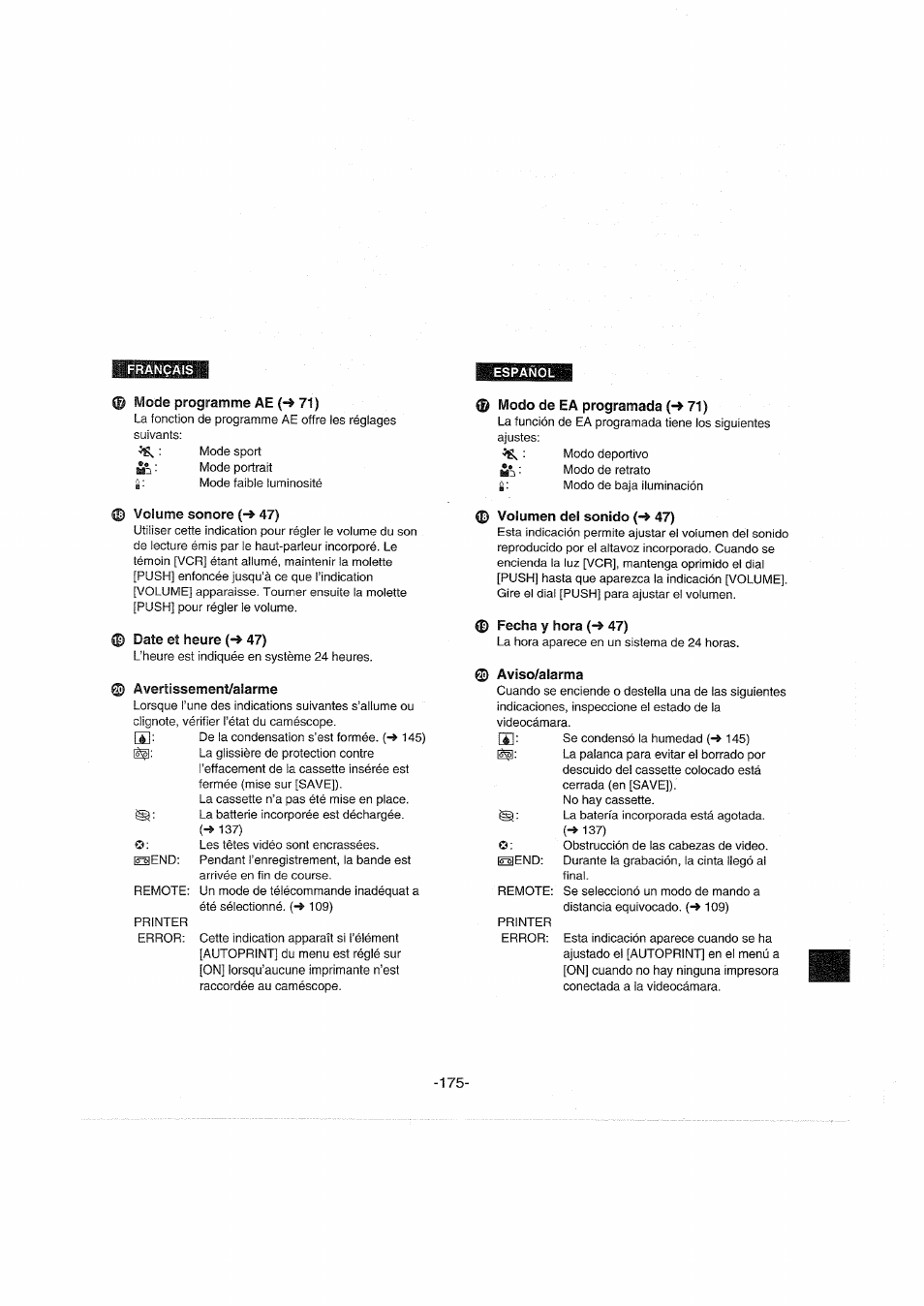 Mode programme ae (-> 71), Volume sonore (-» 47), Date et heure (-* 47) | 0 avertissement/alarme, Modo de ea programada (-> 71), Volumen del sonido (-♦ 47), Fecha y hora (-♦ 47), Aviso/alarma | Panasonic NVDX100EG User Manual | Page 175 / 188