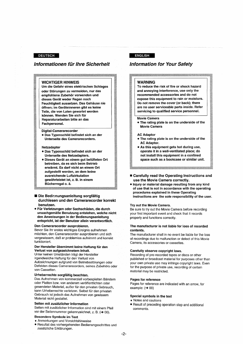 Information for your safety, Warning | Panasonic NVDX100EG User Manual | Page 2 / 188