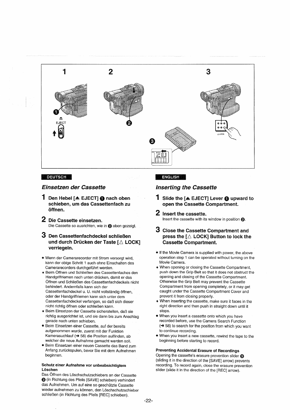 Einsetzen der cassette, Inserting the cassette | Panasonic NVDX100EG User Manual | Page 22 / 188