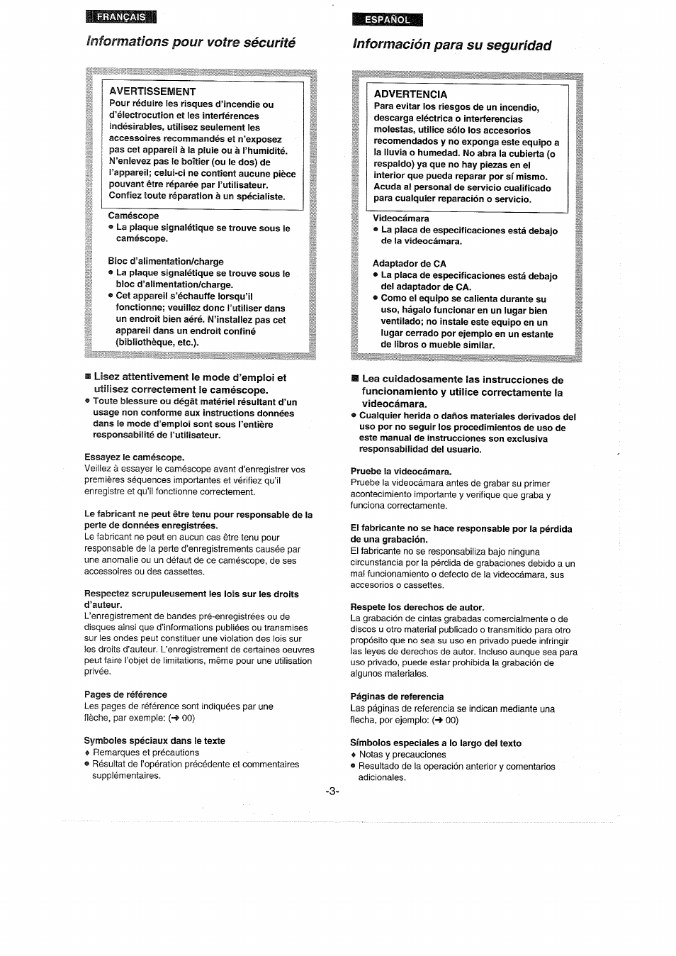 Informations pour votre sécurité, Información para su seguridad, Advertencia | Sécurité, Informations pour votre | Panasonic NVDX100EG User Manual | Page 3 / 188