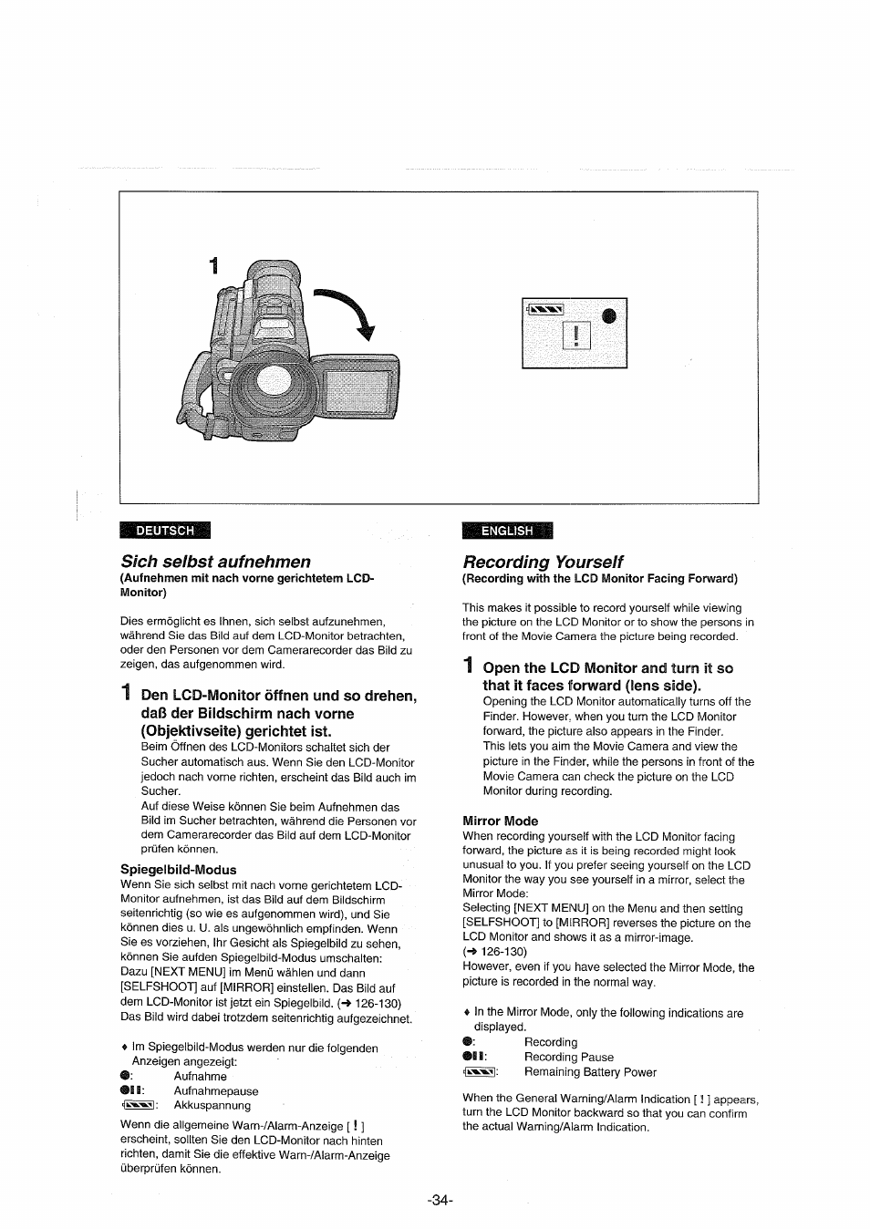 Sich selbst auf nehmen, Spiegelbild-modus, Recording yourself | Mirror mode | Panasonic NVDX100EG User Manual | Page 34 / 188