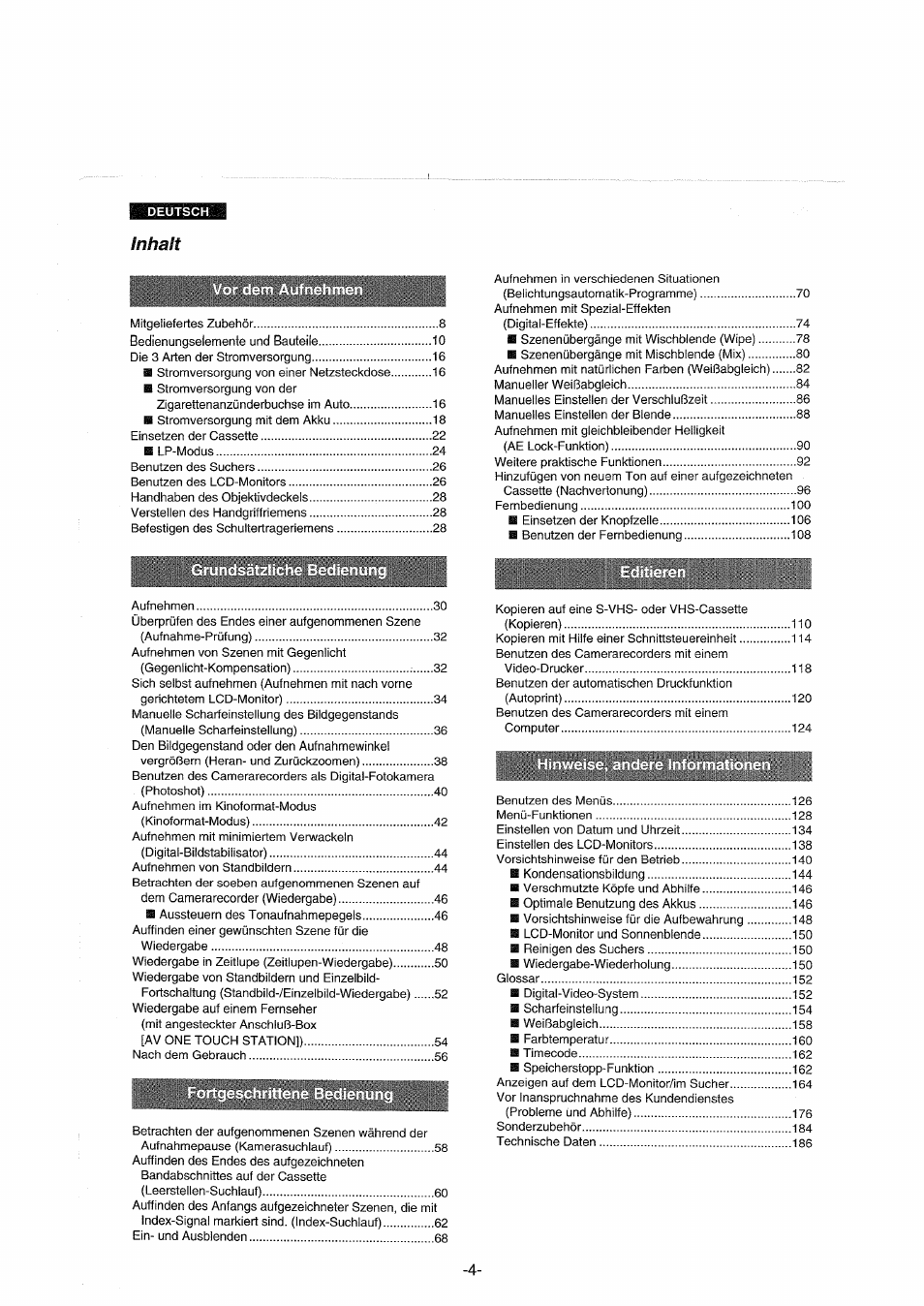 Inhalt, Betrachten der soeben aufgenommenen szenen auf | Panasonic NVDX100EG User Manual | Page 4 / 188
