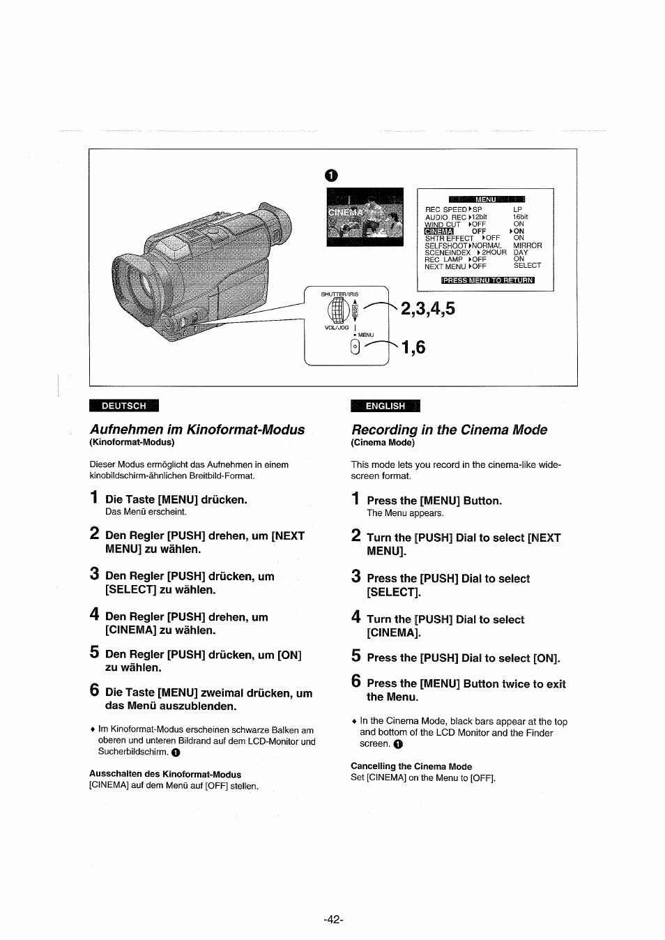 Aufnehmen im kinoformat-modus, Recording in the cinema mode | Panasonic NVDX100EG User Manual | Page 42 / 188