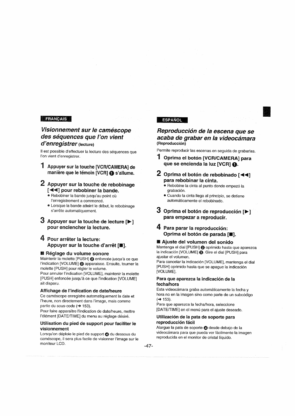 Affichage de l’indication de date/heure, Para que aparezca la indicación de la fecha/hora | Panasonic NVDX100EG User Manual | Page 47 / 188