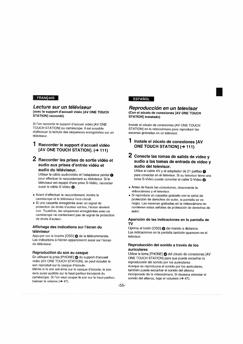 Lecture sur un téléviseur, Reproduction du son au casque, Reproducción en un televisor | Aparición de las indicaciones en la pantalla de tv | Panasonic NVDX100EG User Manual | Page 55 / 188
