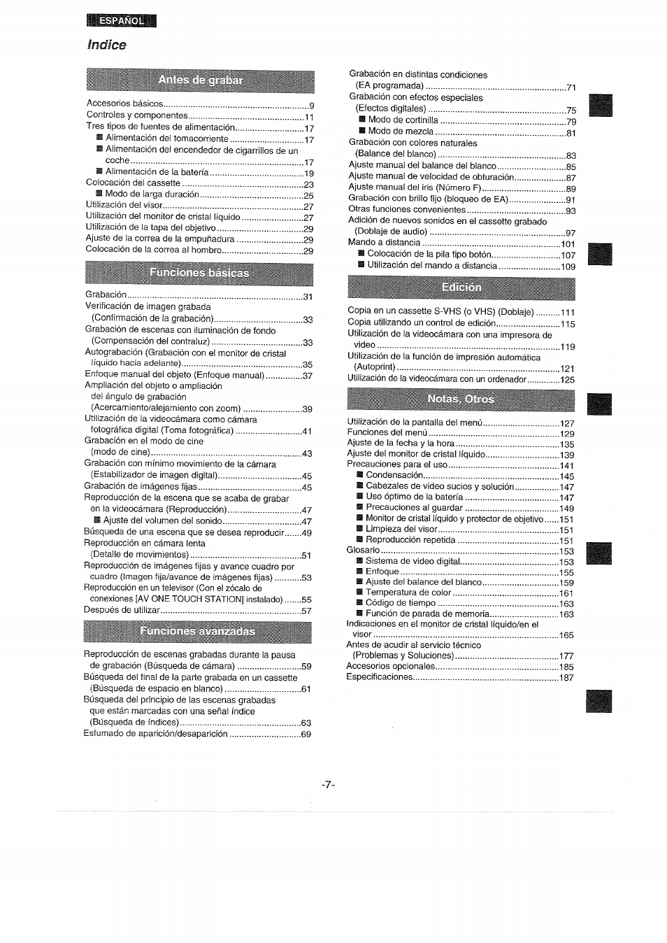 Indice | Panasonic NVDX100EG User Manual | Page 7 / 188