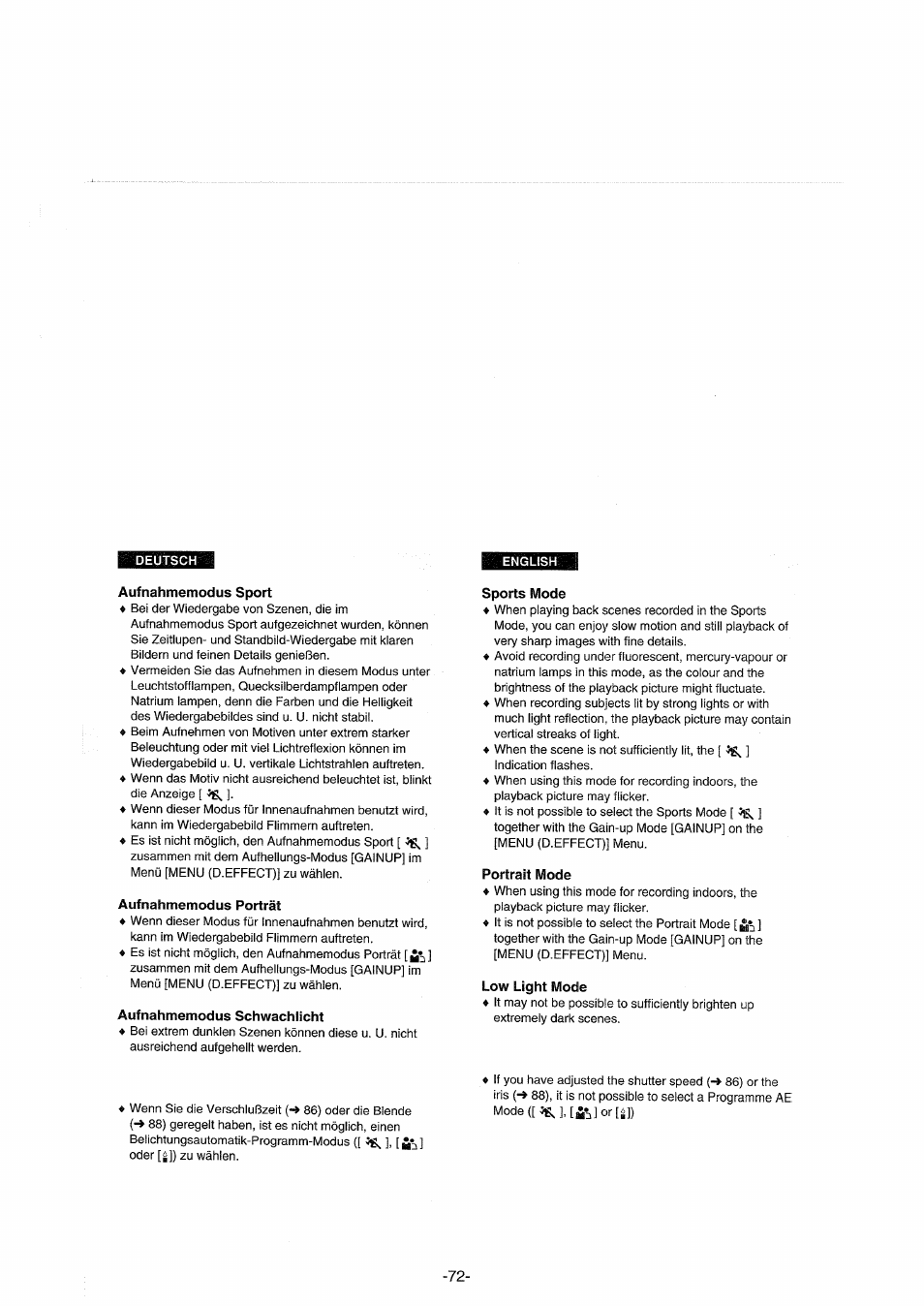 Aufnahmemodus sport, Aufnahmemodus porträt, Aufnahmemodus schwachlicht | Sports mode, Portrait mode, Low light mode | Panasonic NVDX100EG User Manual | Page 72 / 188
