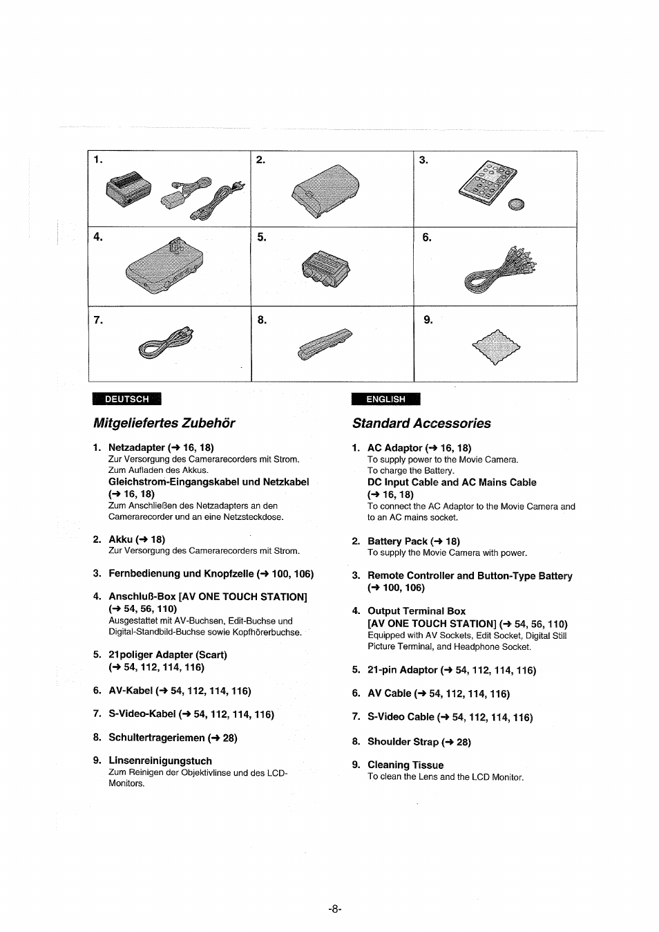 Mitgeuefertes zubehör, Standard accessories, Mitgeliefertes zubehör | Panasonic NVDX100EG User Manual | Page 8 / 188