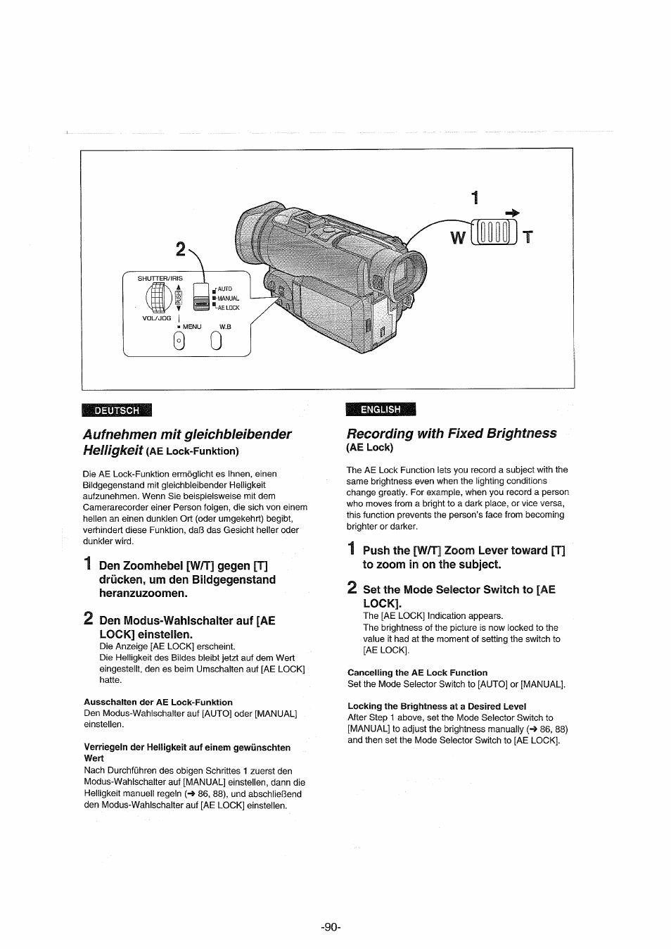 Aufnehmen mit gleichbleibender, Helligkeit (ae lock-funktlon), Recording with fixed brightness | Ae lock), Recording with fixed brightness (ae lock) | Panasonic NVDX100EG User Manual | Page 90 / 188