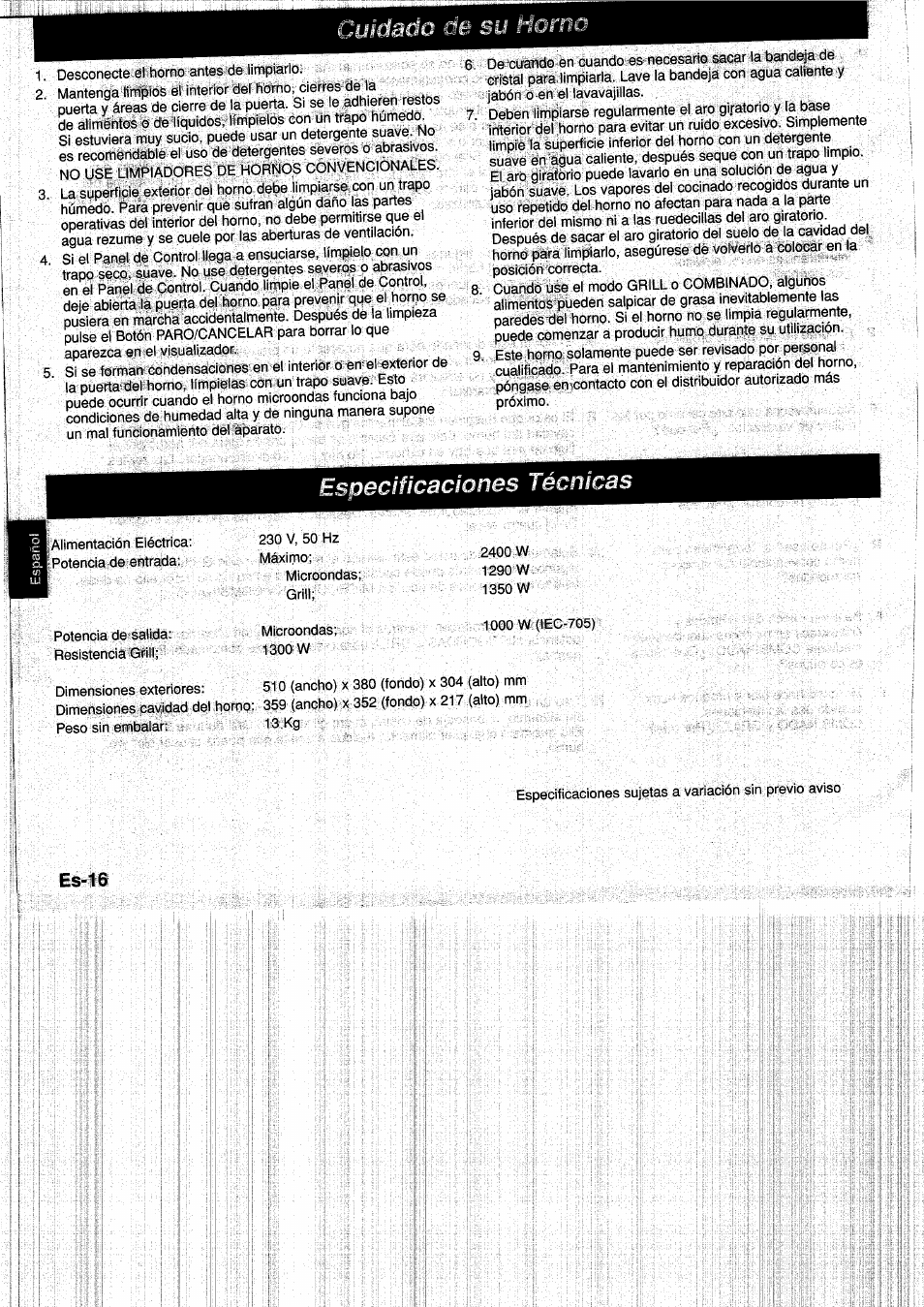 Especificaciones técnicas | Panasonic NNF661WB User Manual | Page 100 / 150