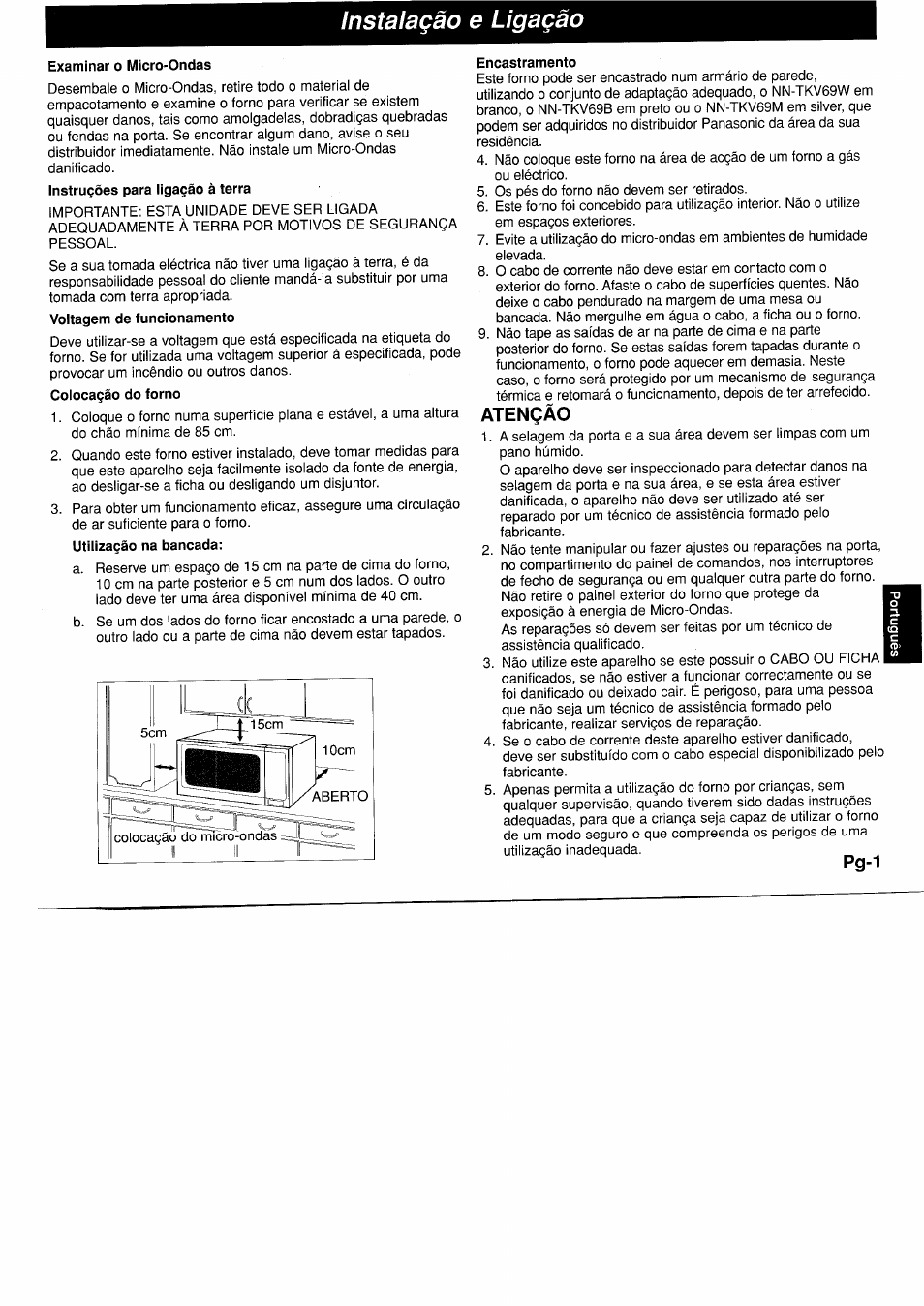 Instalaçào e ligaçào, Examinar o micro-ondas, Encastramento | Atençâo, Pg-1 | Panasonic NNF661WB User Manual | Page 101 / 150