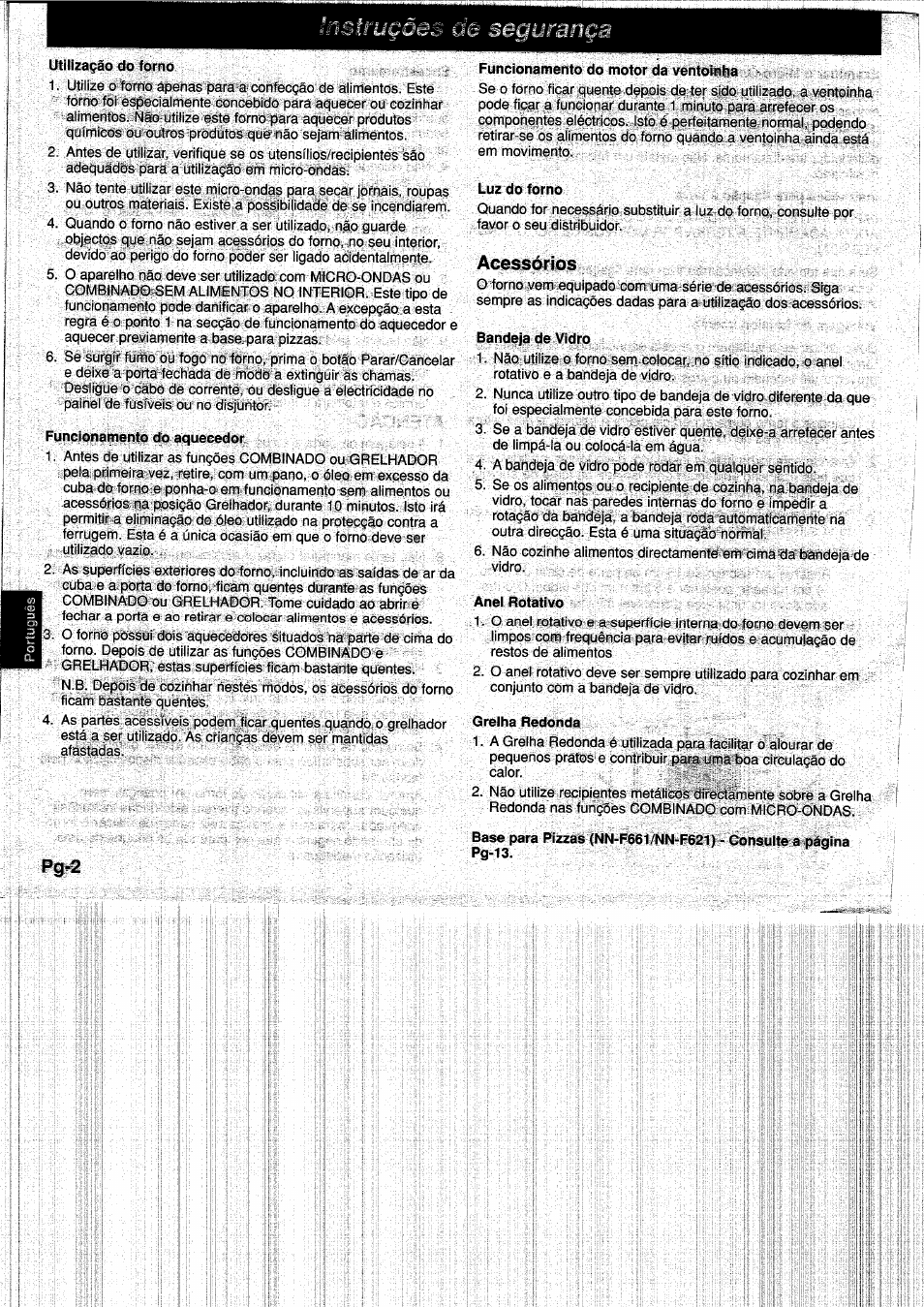 Utilizaçâo do forno, Funcionamento do aquecedor, Funcionamento do motor da ventoinha | Luz do torno, Acessórios, Bandeja de vidro, Anel rotativo, Greiha redonda | Panasonic NNF661WB User Manual | Page 102 / 150
