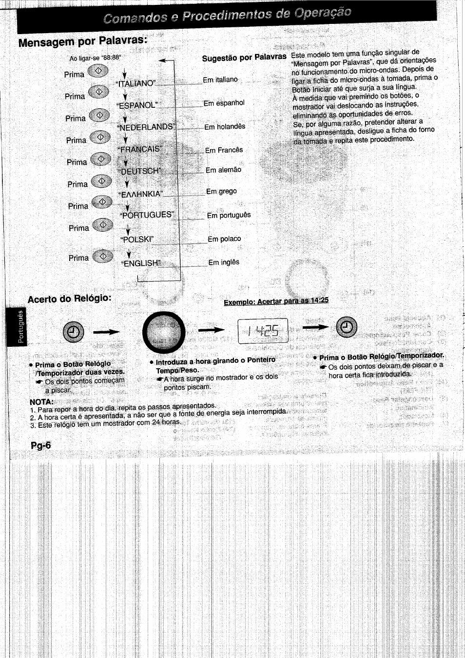 Mensagem por palavras, Sugestâo por palavras, Acerto do relógio | Exemplo: acertar para as 14:25, Introduza a hora girando o ponteiro tempo/peso, Prima o botáo relógio /temporizador duas vezes, Nota, Prima o botáo relógio/temporizador, Omandos e proœdïmeiitos | Panasonic NNF661WB User Manual | Page 106 / 150