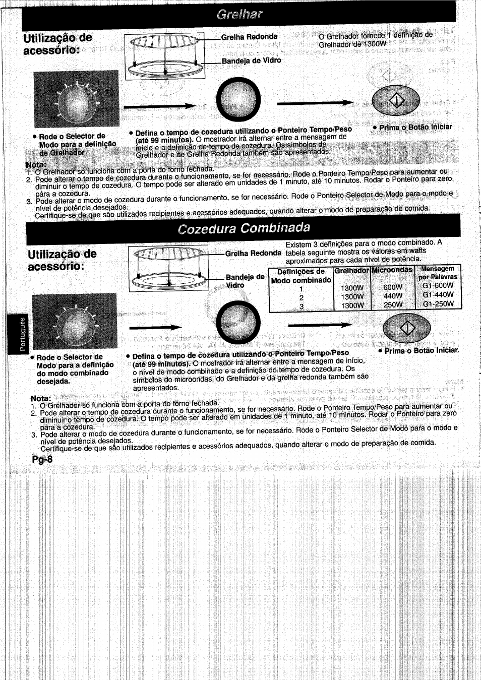 Utìlizagào de acessório, Rode 0 selector de modo para a defini^ào, De grelhador | Nota, Prima o botáo iniciar, Utilizagáo de acessório, Cozedura combinada | Panasonic NNF661WB User Manual | Page 108 / 150