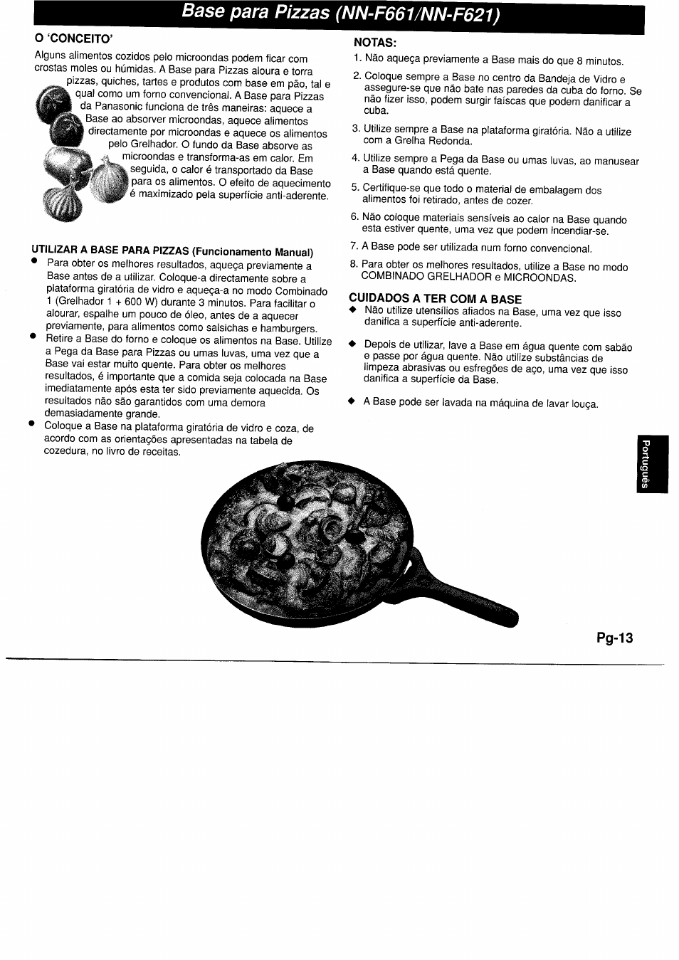 O conceito, Utilizar a base para pizzas (funcionamento manual), Notas | Cuidados a ter com a base | Panasonic NNF661WB User Manual | Page 113 / 150