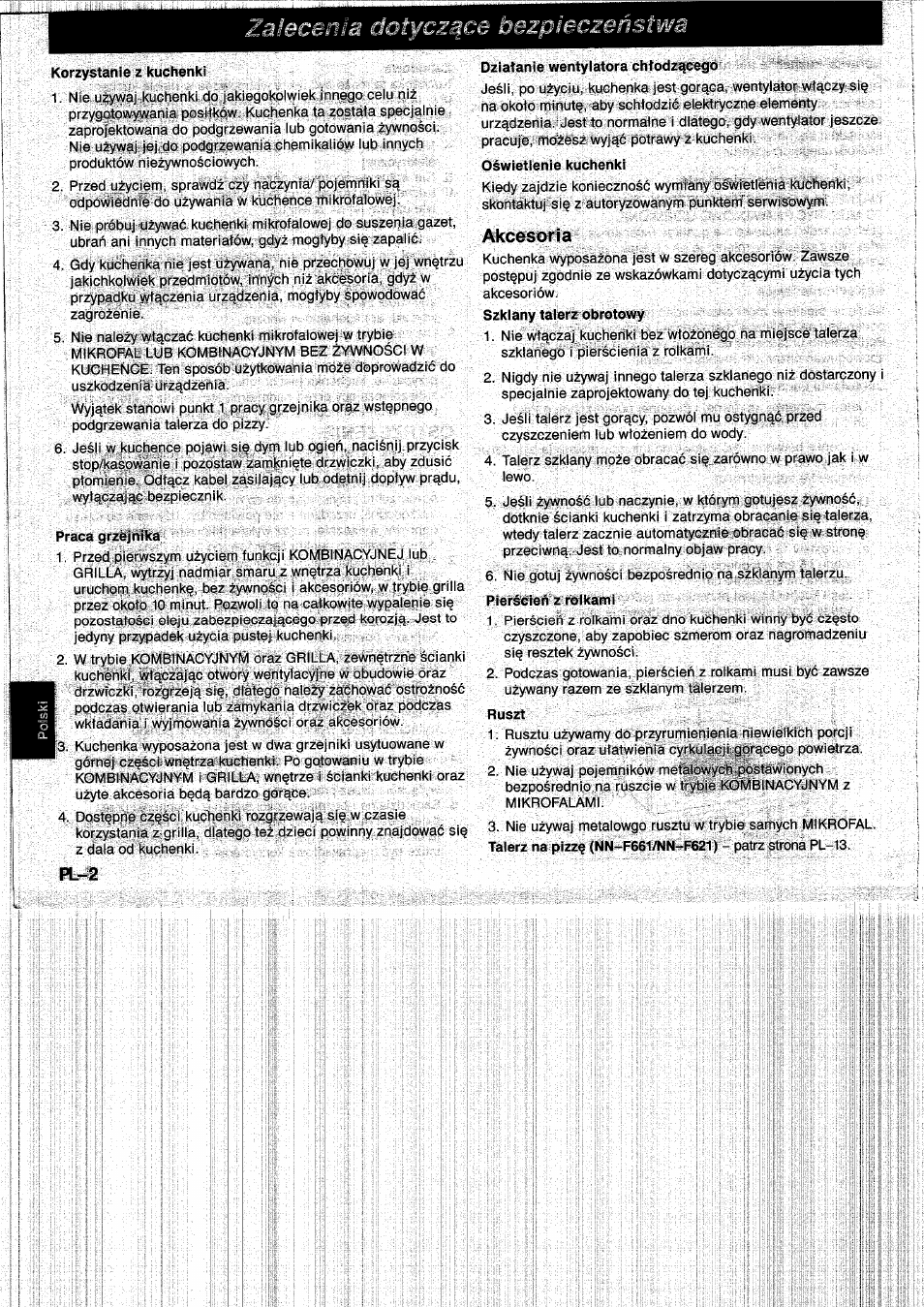 Korzystanie z kuchenki, Praca grzejnika, Dziatanie wentylatora chtodz^cego | Oswietlenie kuchenkt, Akcesoria, Ruszt | Panasonic NNF661WB User Manual | Page 118 / 150