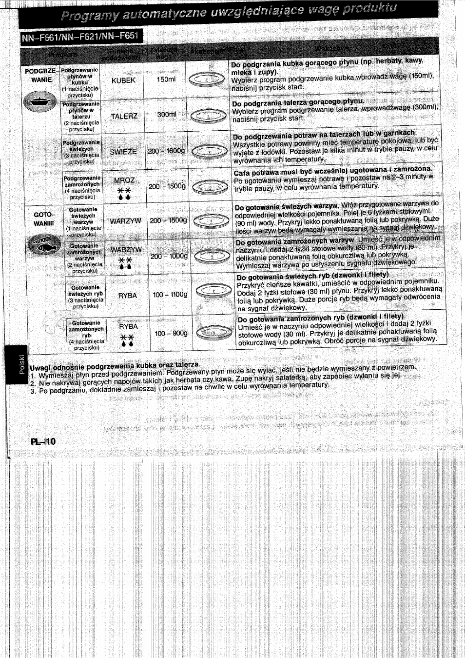 Do podgrzania talerza gorqcego ptynu, Do podgrzewania potraw na talerzach lub w garnkach, Uwagi odnosnie podgrzewania kubka oraz talerza | Automatyczne uwzgl^dnialqa | Panasonic NNF661WB User Manual | Page 126 / 150