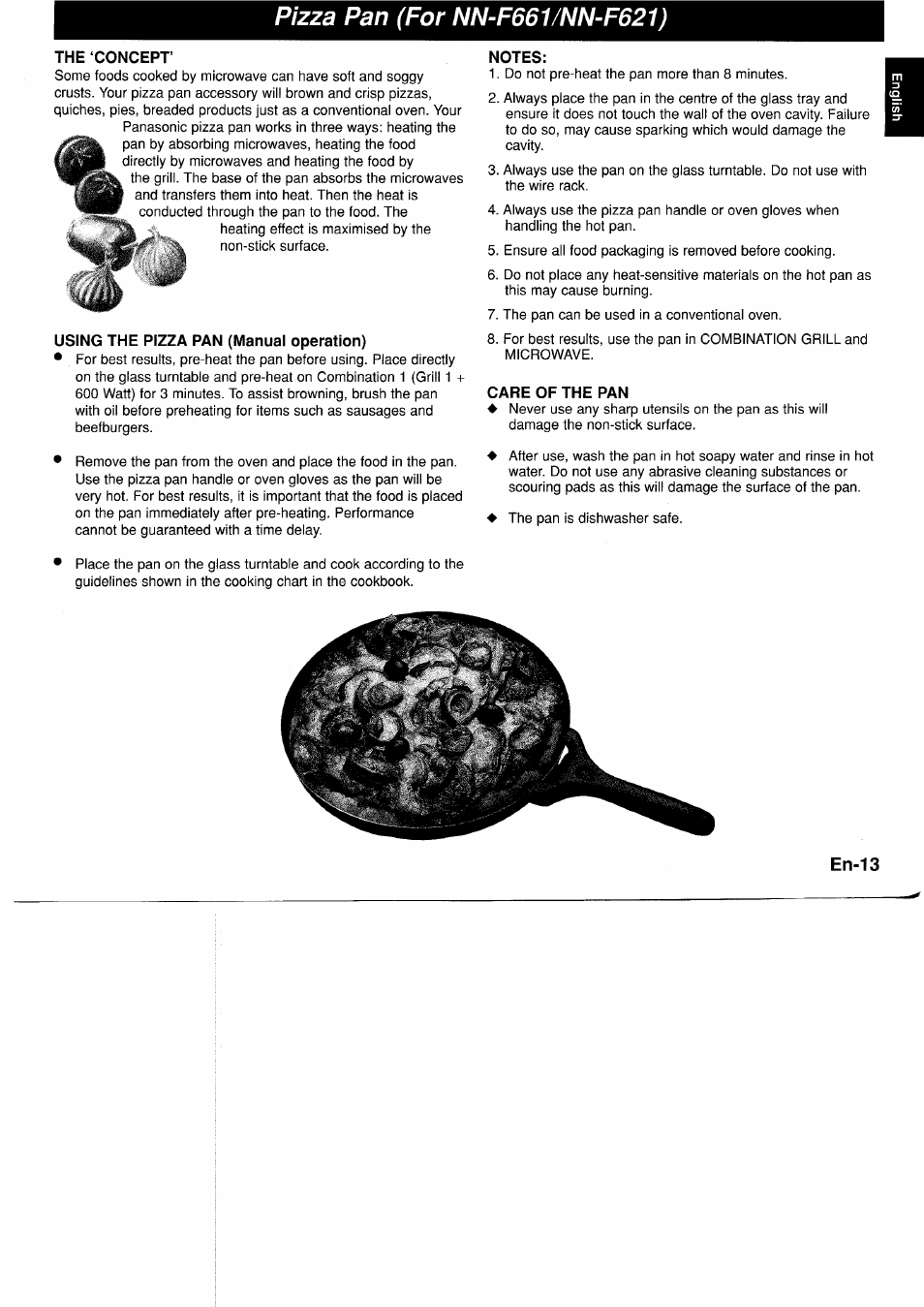 Pizza pan (for nn-f661/nn-f621), The ‘concept, Using the pizza pan (manual operation) | Notes, Care of the pan | Panasonic NNF661WB User Manual | Page 15 / 150