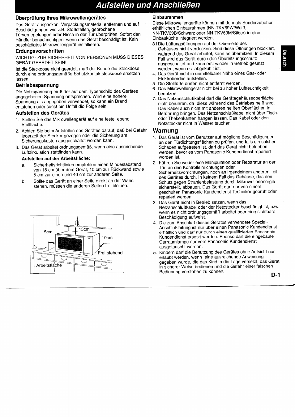 Auf stellen und anschließen, Überprüfung ihres mikrowellengerätes, Betriebsspannung | Aufstellen des gerätes, Einbaurahmen, Warnung | Panasonic NNF661WB User Manual | Page 19 / 150