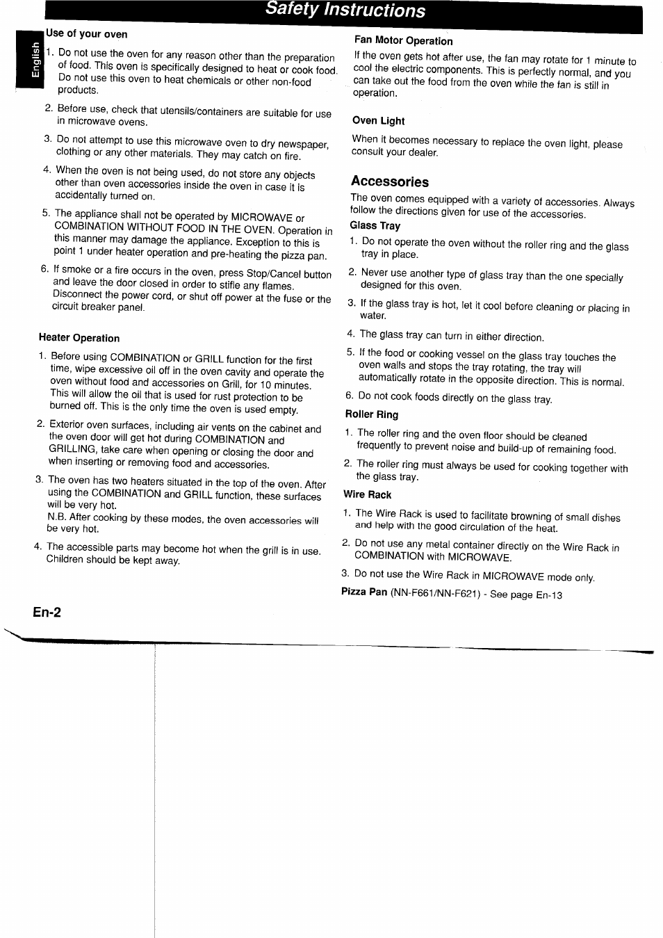 Afety instructions, I use of your oven, Heater operation | Fan motor operation, Oven light, Accessories, Wire rack | Panasonic NNF661WB User Manual | Page 3 / 150