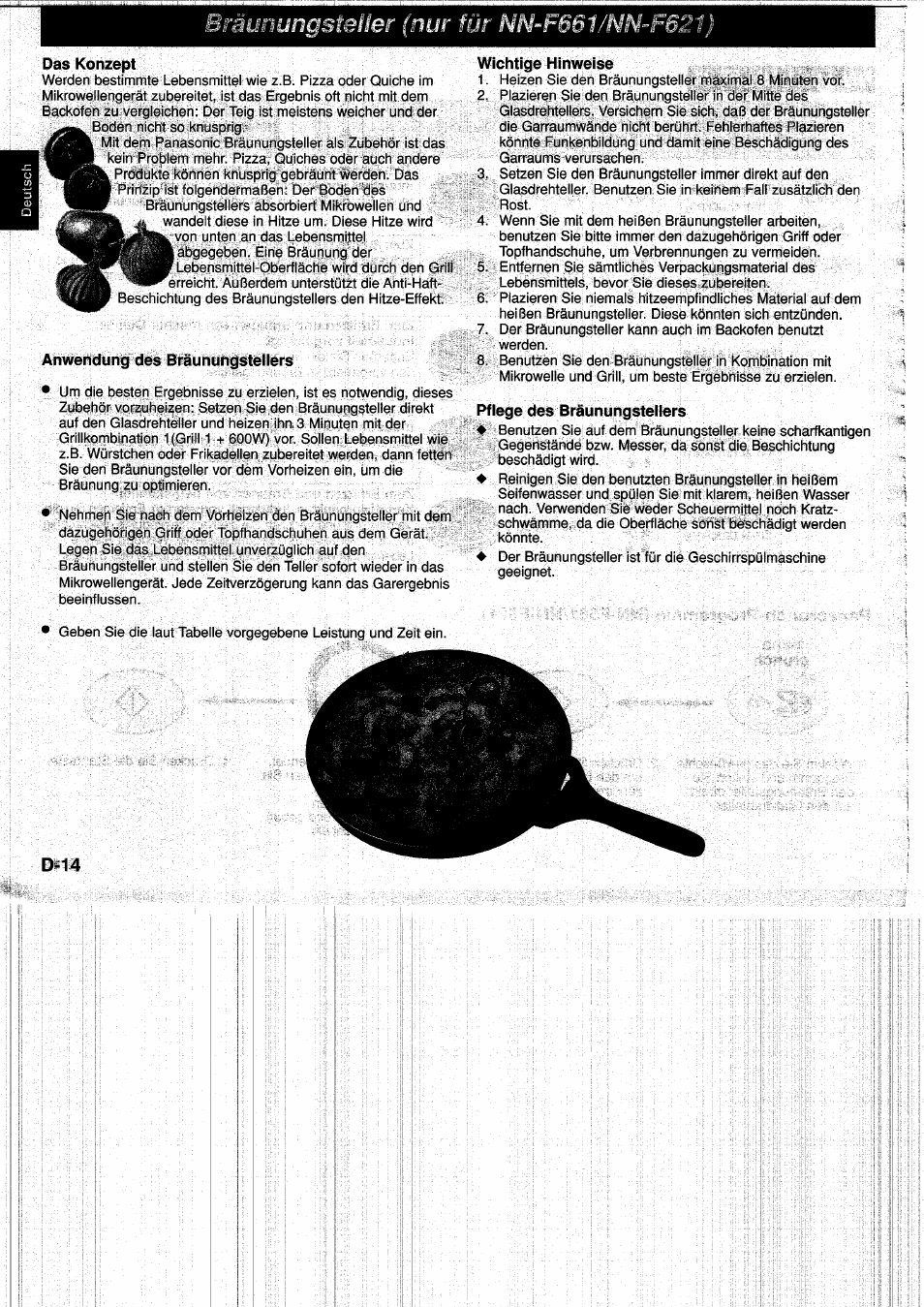 Das konzept, Anwendung des bräunungstellers, Wichtige hinweise | Pflege des bräunungstellers, D-14 | Panasonic NNF661WB User Manual | Page 32 / 150