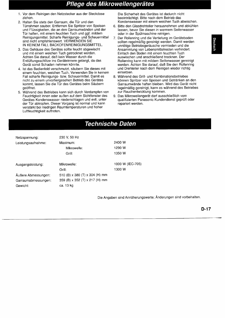 Pflege des mikrowellengerätes, Technische daten | Panasonic NNF661WB User Manual | Page 35 / 150