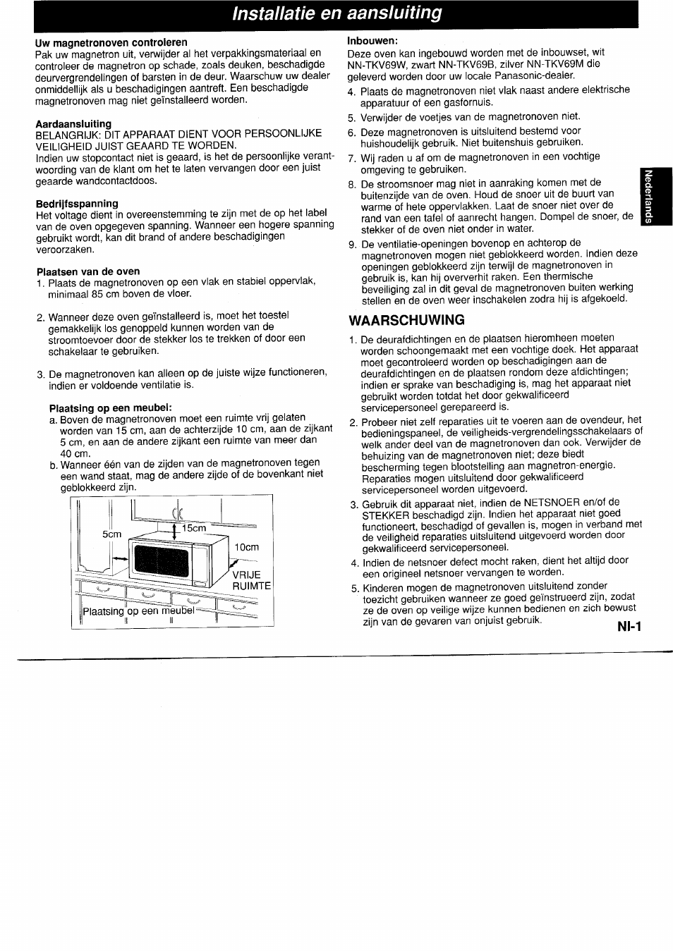 Installatie en aansluiting, Uw magnetronoven controleren, Aardaansluiting | Bedrijfsspanning, Plaatsen van de oven, Plaatsing op een meubel, Inbouwen, Waarschuwing | Panasonic NNF661WB User Manual | Page 37 / 150