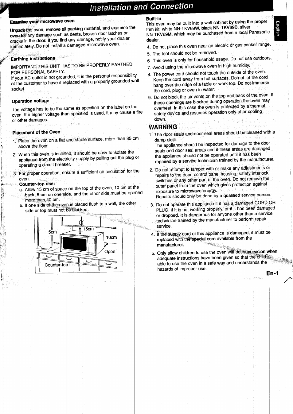 Lation and connection, Earthing instructions, Operation voltage | Placement of the oven, Built-in, Warning | Panasonic NNF661WB User Manual | Page 4 / 150