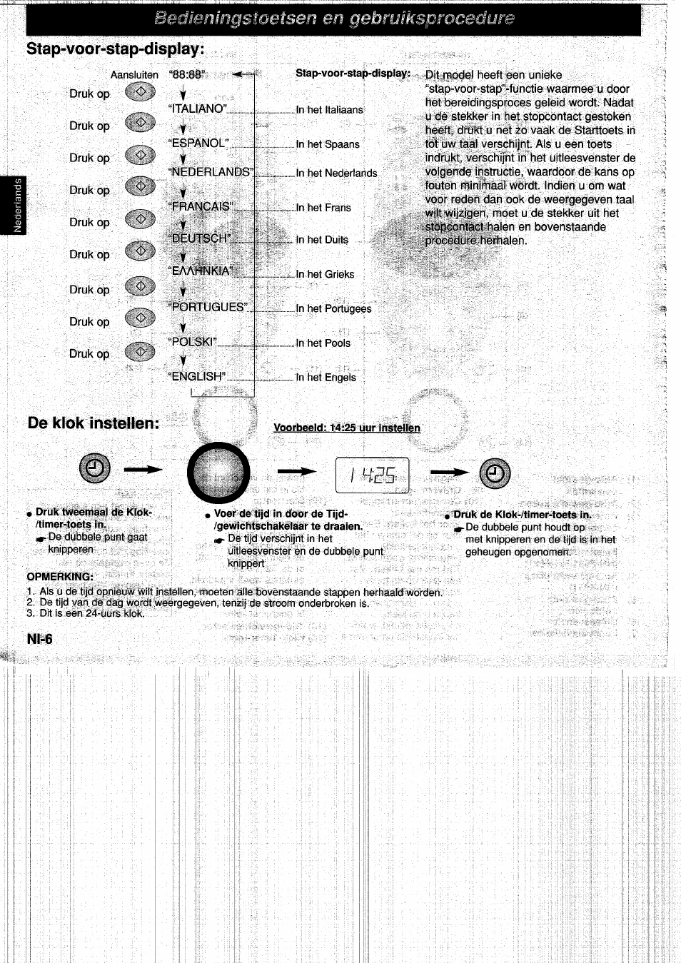 Stap-voor-stap-display, De klok instellen, Voorbeeld: 14:25 uur instellen | D cd | Panasonic NNF661WB User Manual | Page 42 / 150