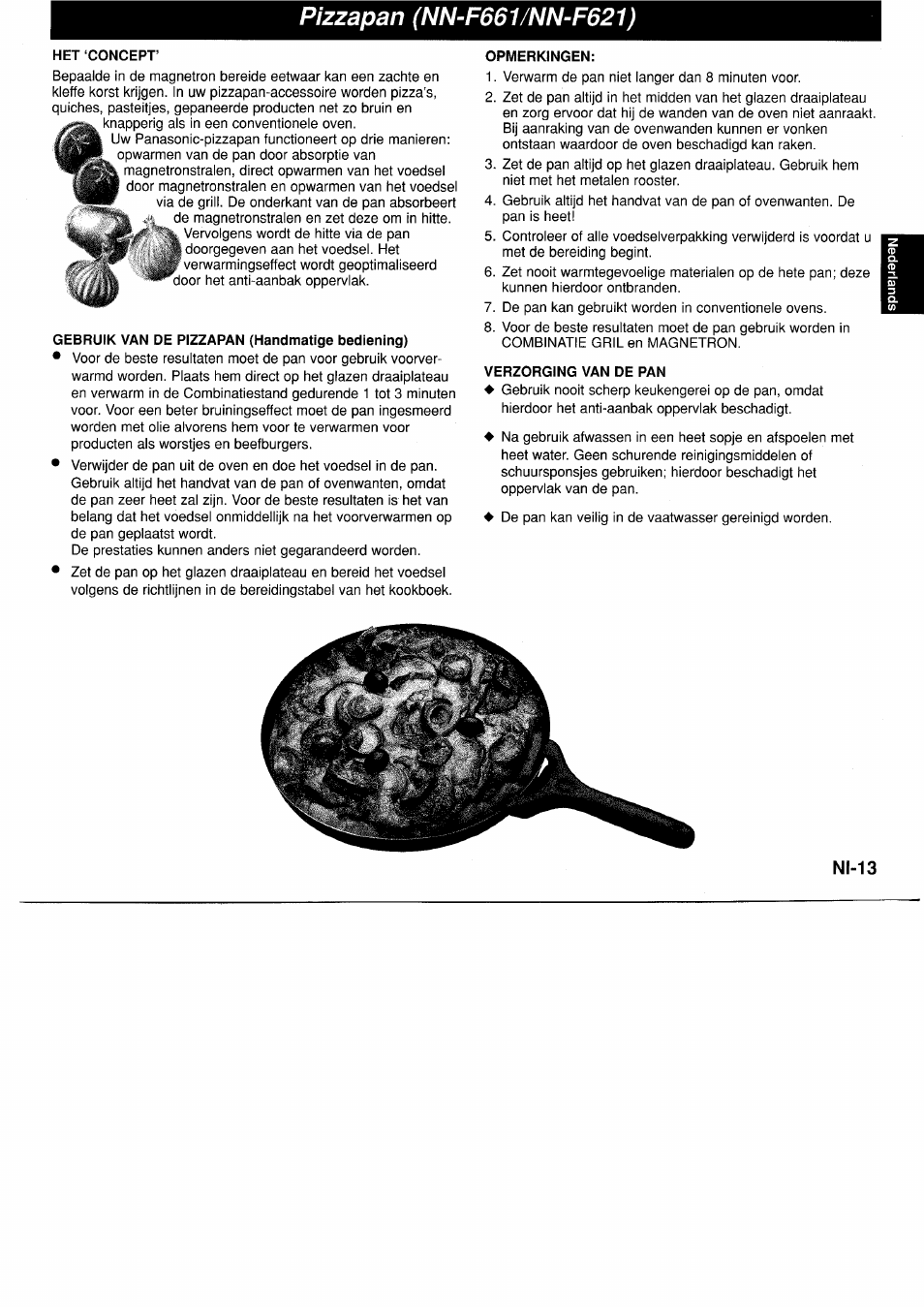 Pizzapan (nn-f661/nn-f621), Нет concept, Gebruik van de pizzapan (handmatige bediening) | Opmerkingen, Verzorging van de pan | Panasonic NNF661WB User Manual | Page 49 / 150