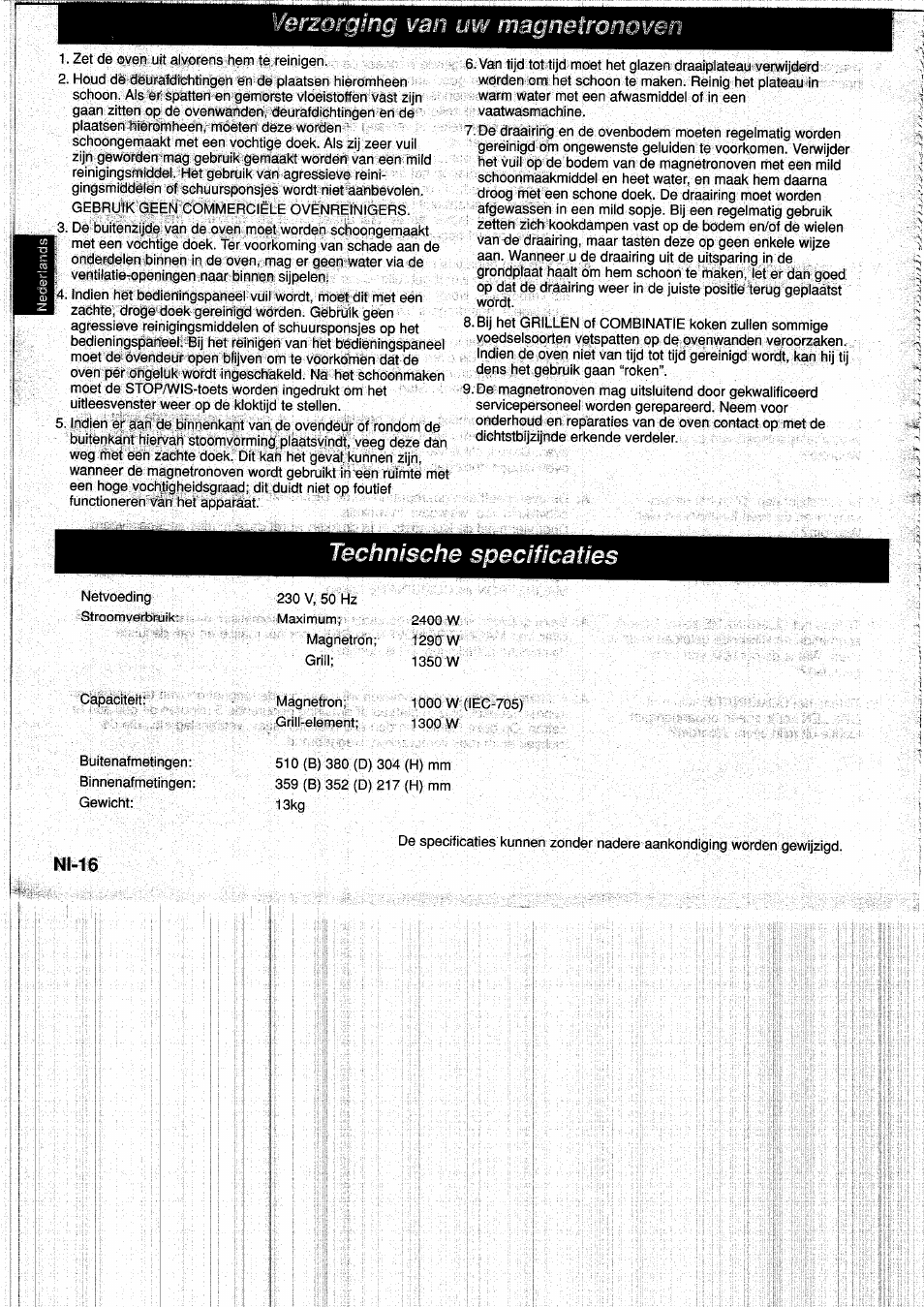 N1-16, Verzorging wan, Magnetmnoweri | Technische specificaties | Panasonic NNF661WB User Manual | Page 52 / 150