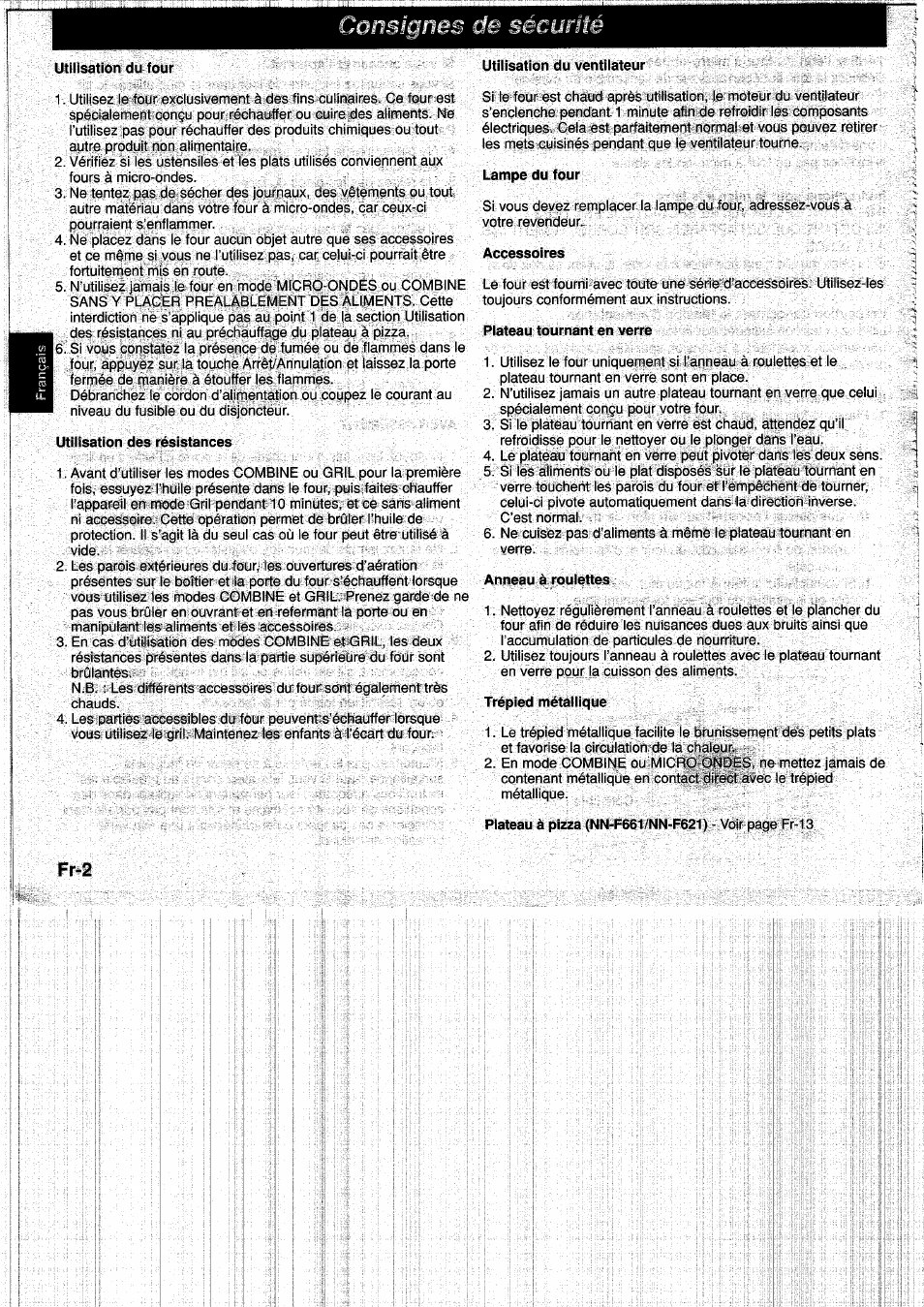 Utilisation du four, Utilisation des résistances, Utilisation du ventilateur | Lampe du four, Accessoires, Plateau tournant en verre, Anneau à roulettes, Trépied métallique, Consignes de sécurité | Panasonic NNF661WB User Manual | Page 54 / 150