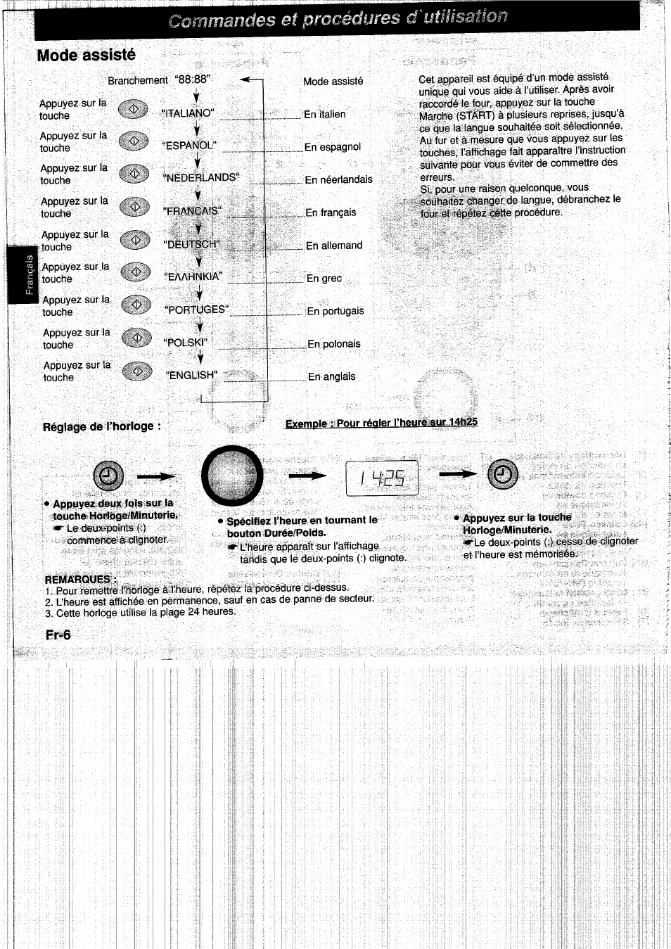 Mode assisté, Exemple : pour régler l’heure sur 14h25, Remarques | Appuyez sur la touche horloge/minuterie, Coinmandes et procédures d'utilissi | Panasonic NNF661WB User Manual | Page 58 / 150