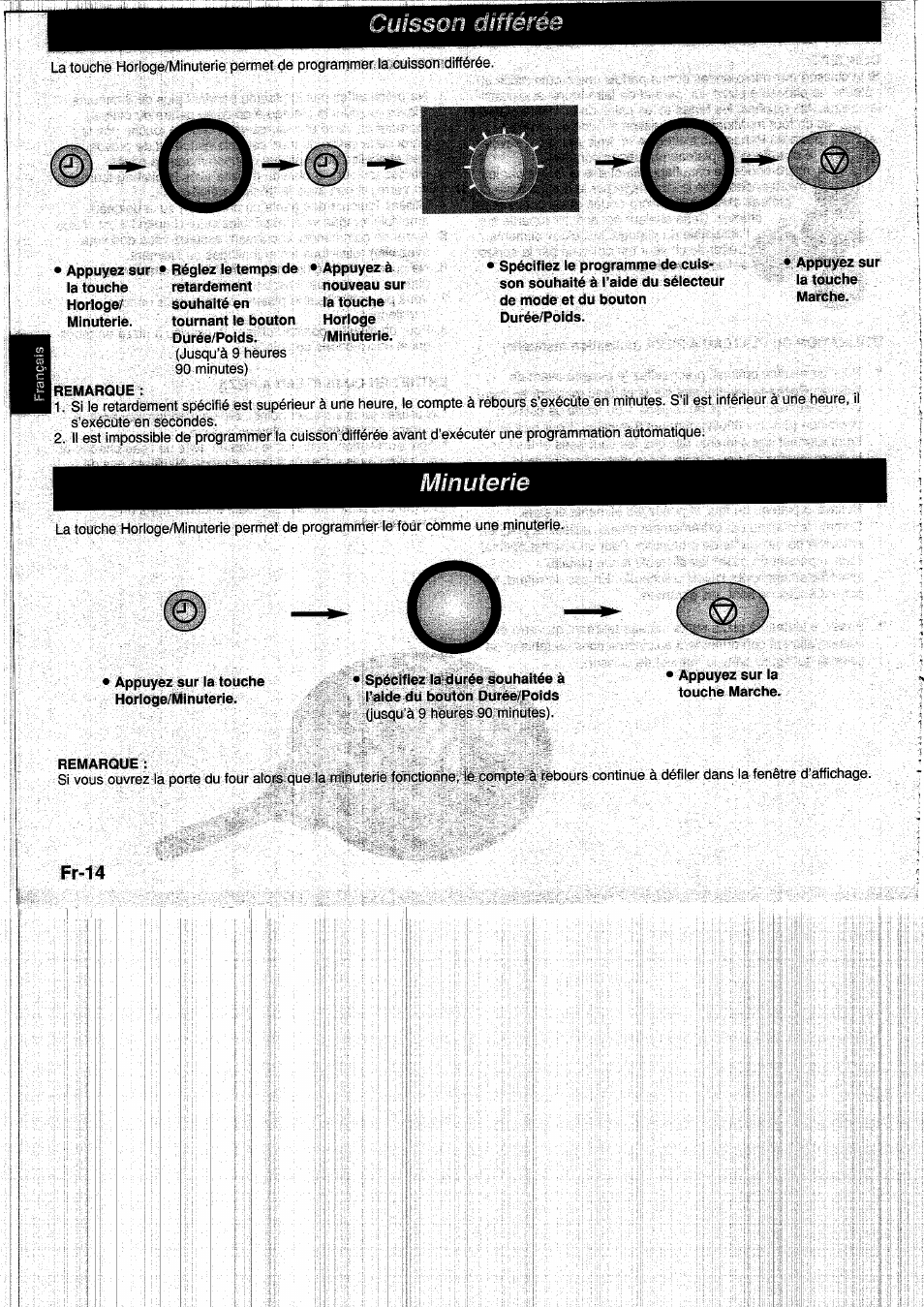 Appuyez sur • réglez le temps de • appuyez à, La touche, Remarque | Fm 4, Cuisson diffén, Minutene | Panasonic NNF661WB User Manual | Page 66 / 150