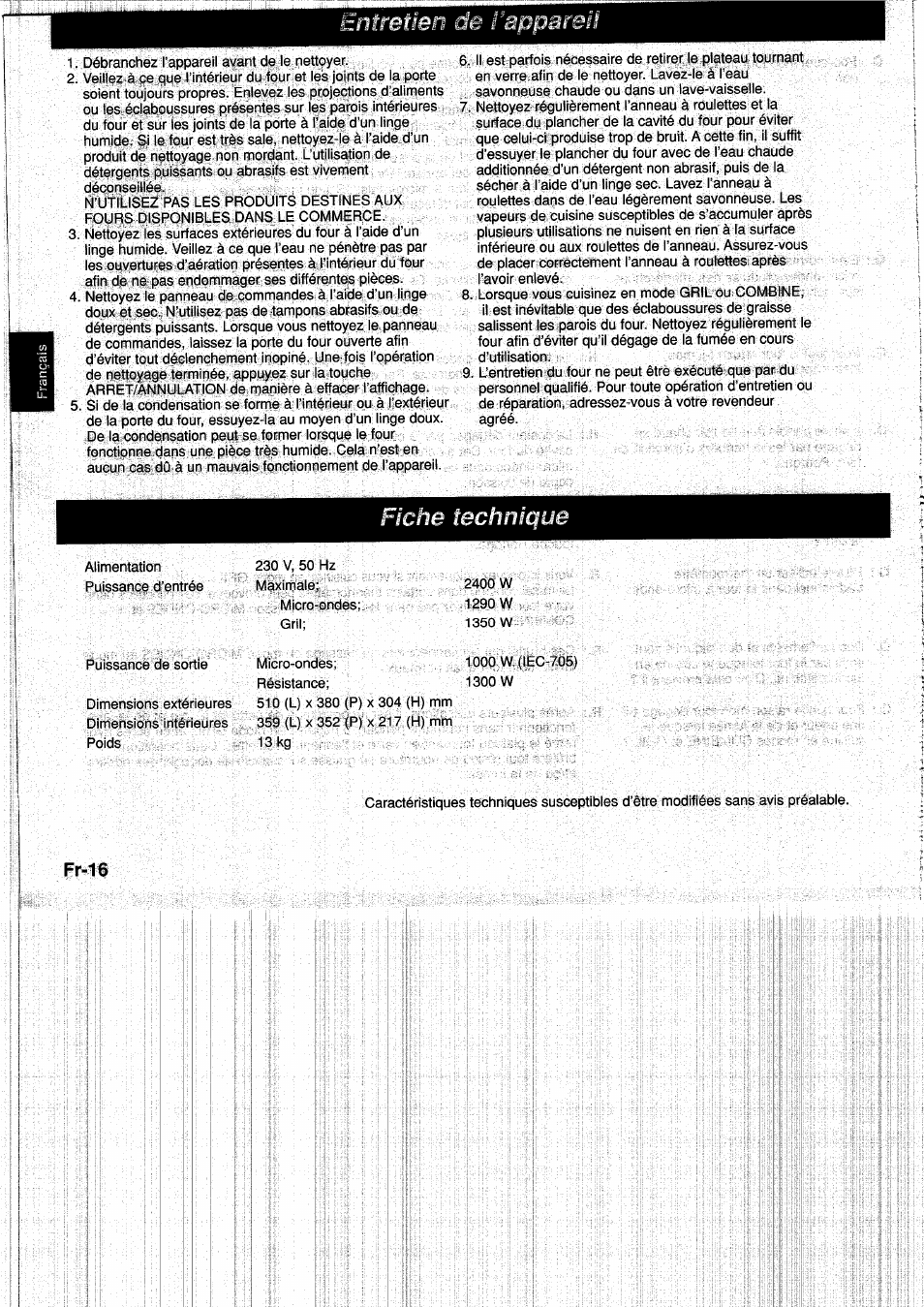 Fr-16, Entrât, Appareil | Fiche technique | Panasonic NNF661WB User Manual | Page 68 / 150