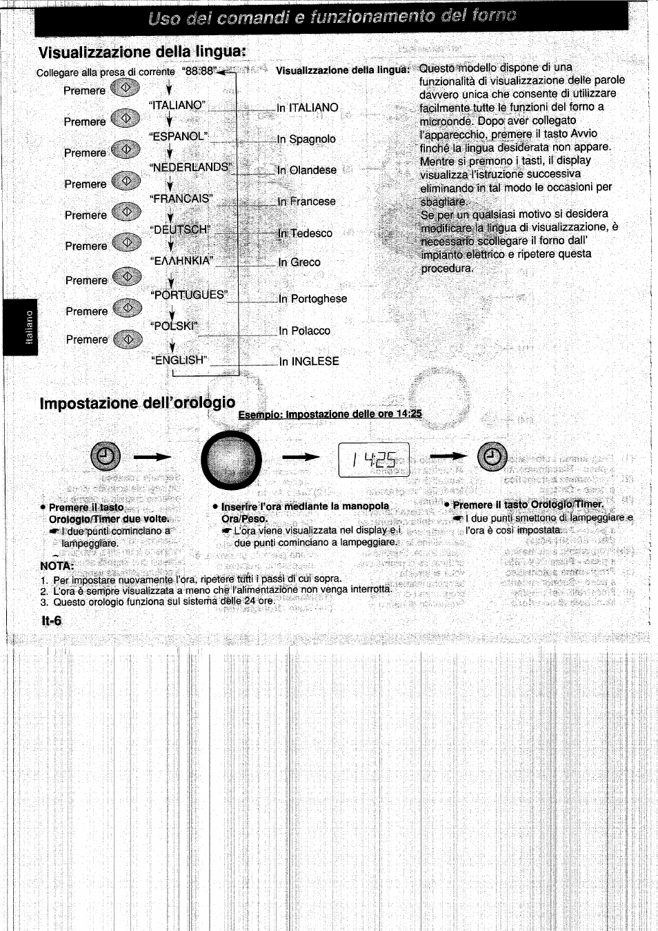 Visualizzazione della lingua, Impostazione deirorològio, I 4í5 | Dei comandi e funzionameli | Panasonic NNF661WB User Manual | Page 74 / 150