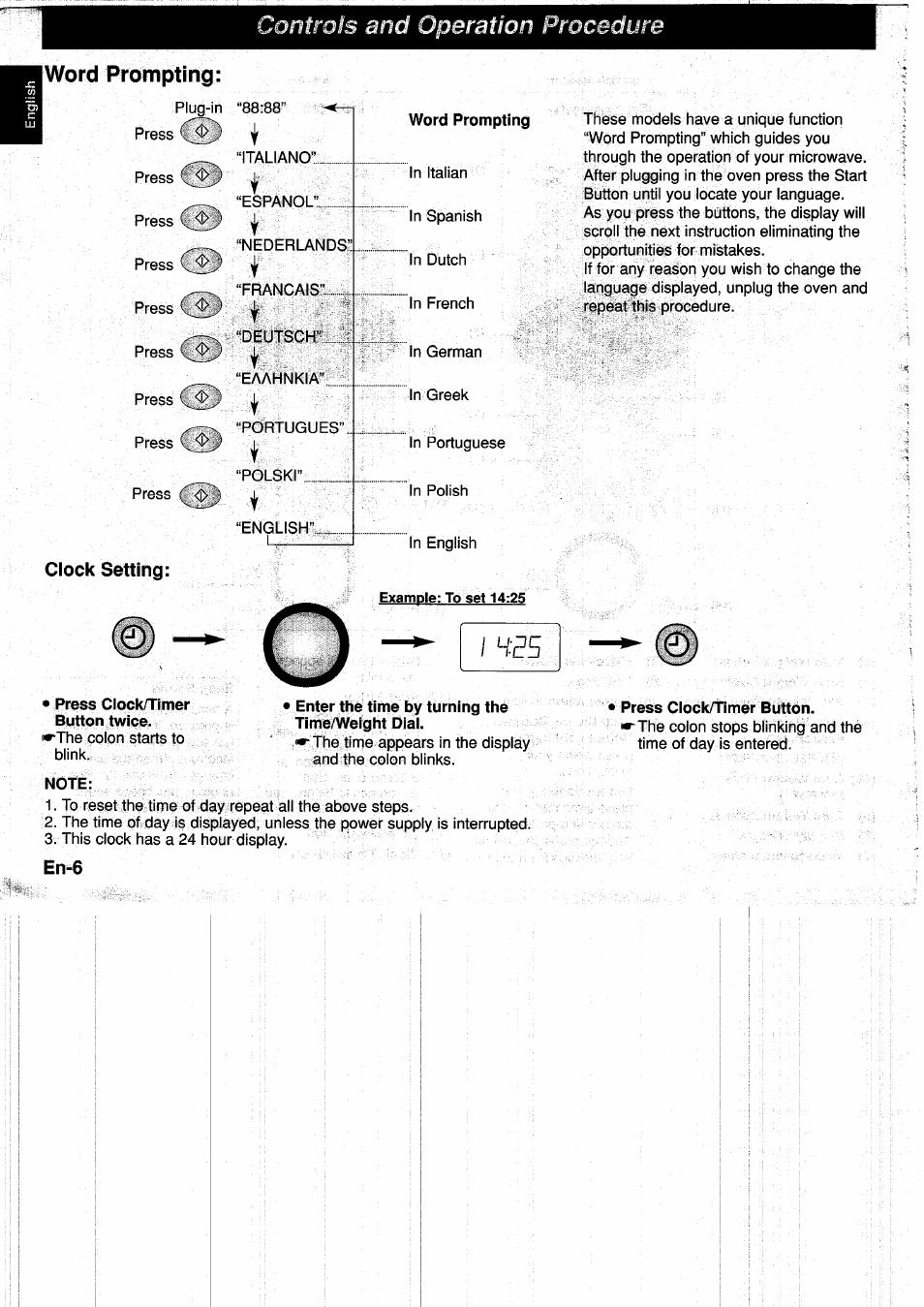 Clock setting, Word prompting, Note | Press clock/timer button, Controls, Procedure | Panasonic NNF661WB User Manual | Page 8 / 150