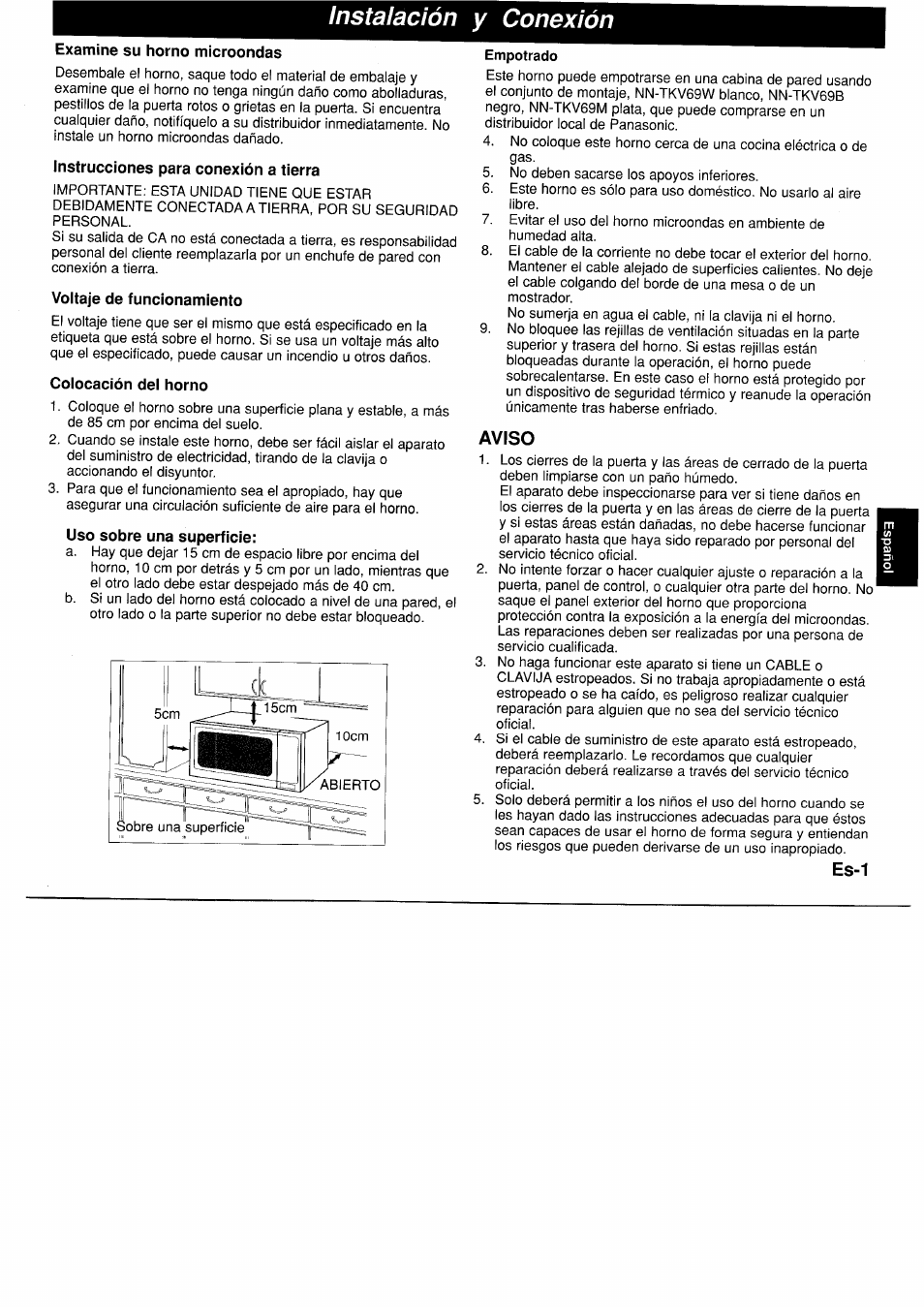 Instalación y conexión, Examine su horno microondas, Instrucciones para conexión a tierra | Voltaje de funcionamiento, Colocación del horno, Uso sobre una superficie, Empotrado, Aviso, Es-1 | Panasonic NNF661WB User Manual | Page 85 / 150