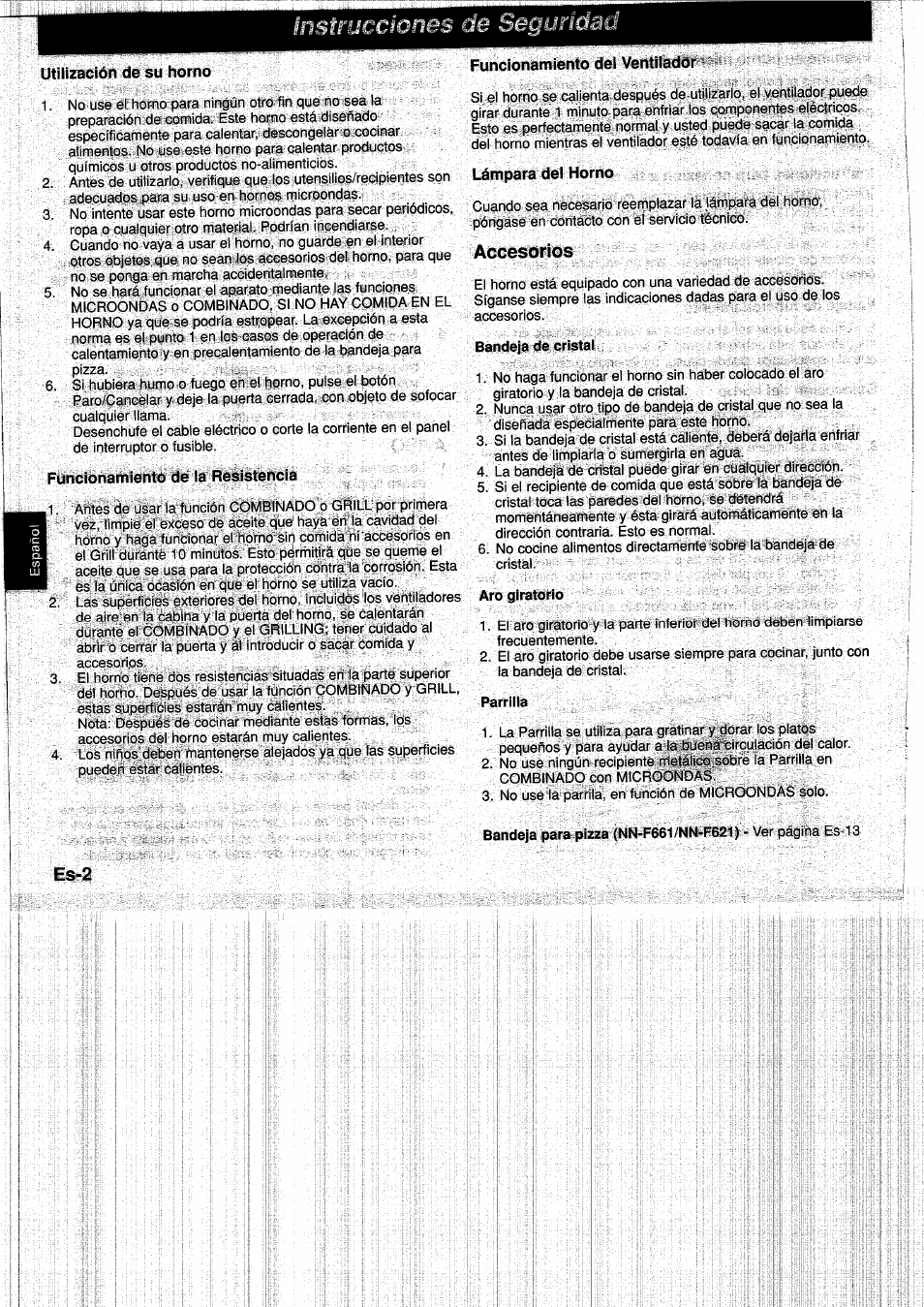 Utilización de su horno, Funcionamiento de la resistencia, Funcionamiento dei ventiiador | Lámpara del horno, Accesorios, Bandeja de cristal, Aro giratorio, Parrilla, Es-2 | Panasonic NNF661WB User Manual | Page 86 / 150