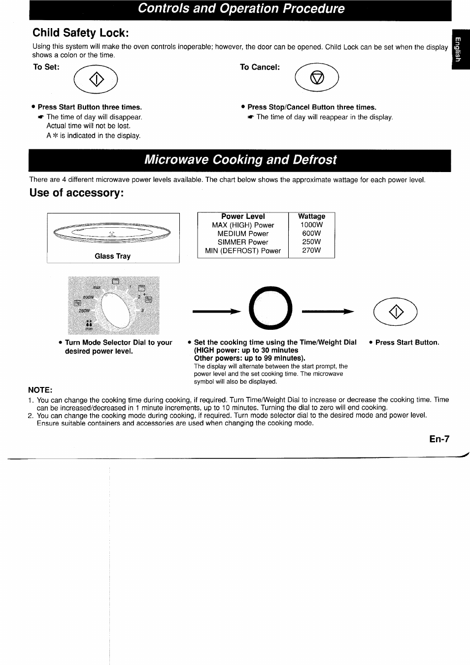 Controls and operation procedure, Child safety lock, To set | Press start button three times, To cancel, Microwave cooking and defrost, Use of accessory, Press start button, Note | Panasonic NNF661WB User Manual | Page 9 / 150