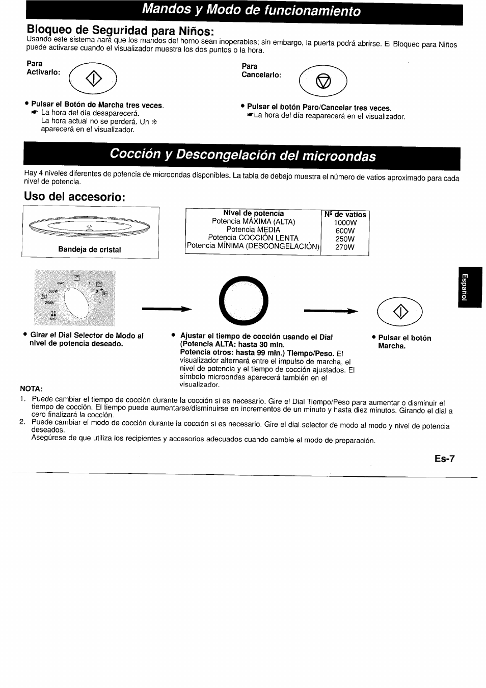 Bloqueo de seguridad para niños, Pulsar el botón de marcha tres veces, Para | Cocción y descongelación del microondas, Uso del accesorio, Nota, Pulsar el botón marcha, Mandos y modo de funcionamiento | Panasonic NNF661WB User Manual | Page 91 / 150