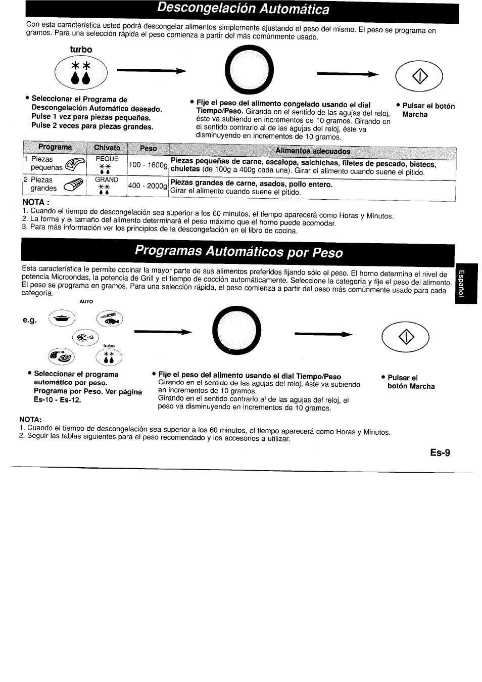 Descongelación automática, Turbo, Pulsar el botón marcha | Programas automáticos por peso, Seleccionar el programa automático por peso, Nota | Panasonic NNF661WB User Manual | Page 93 / 150