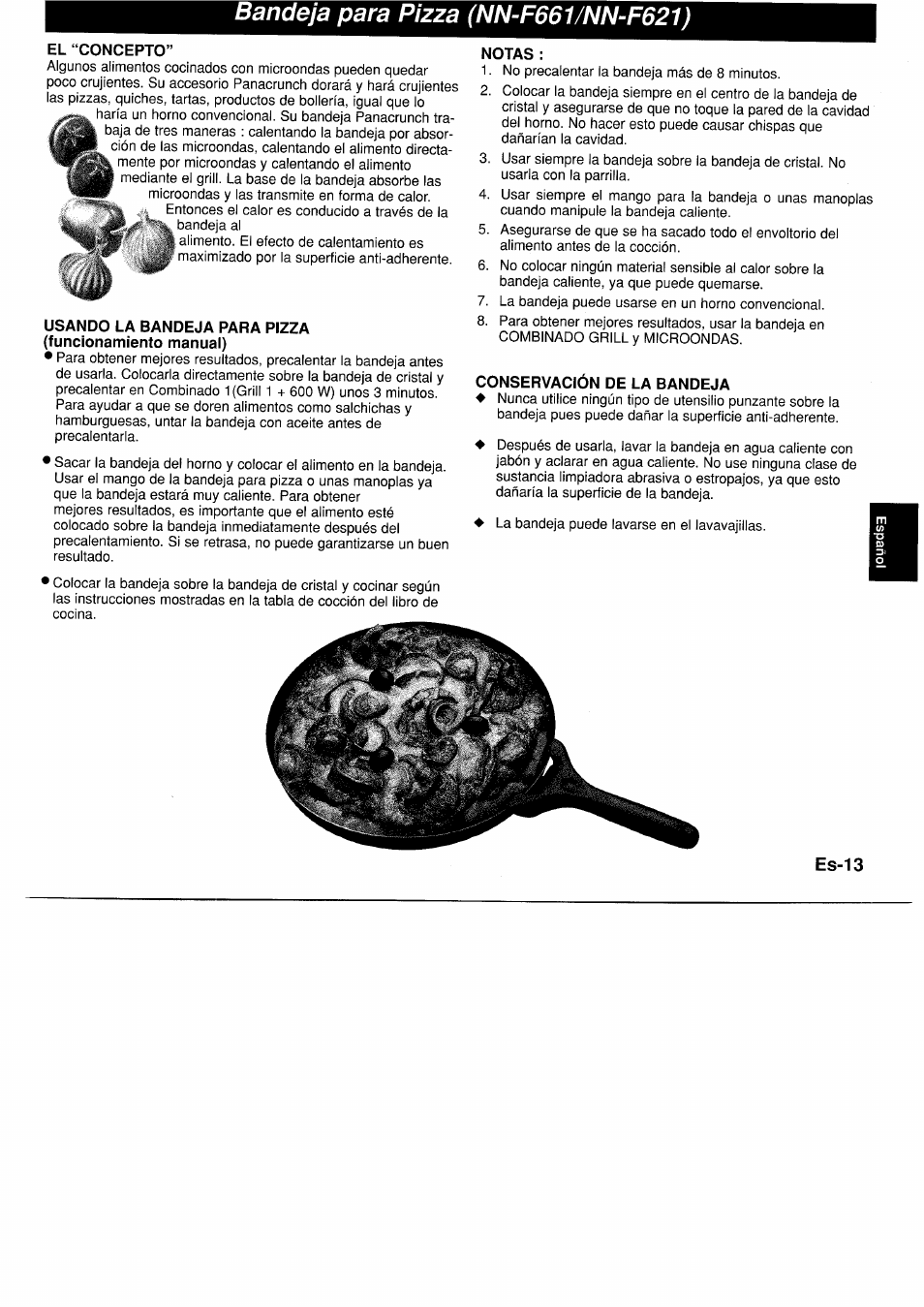 Bandeja para pizza (nn-f661/nn-f621), El“concepto, Usando la bandeja para pizza | Notas, Conservacion de la bandeja | Panasonic NNF661WB User Manual | Page 97 / 150