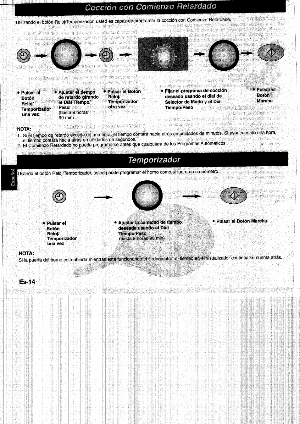 Pulsar el botón reloj, Nota, Es-14 | Cocción con comienzo retardado, Temporizador | Panasonic NNF661WB User Manual | Page 98 / 150
