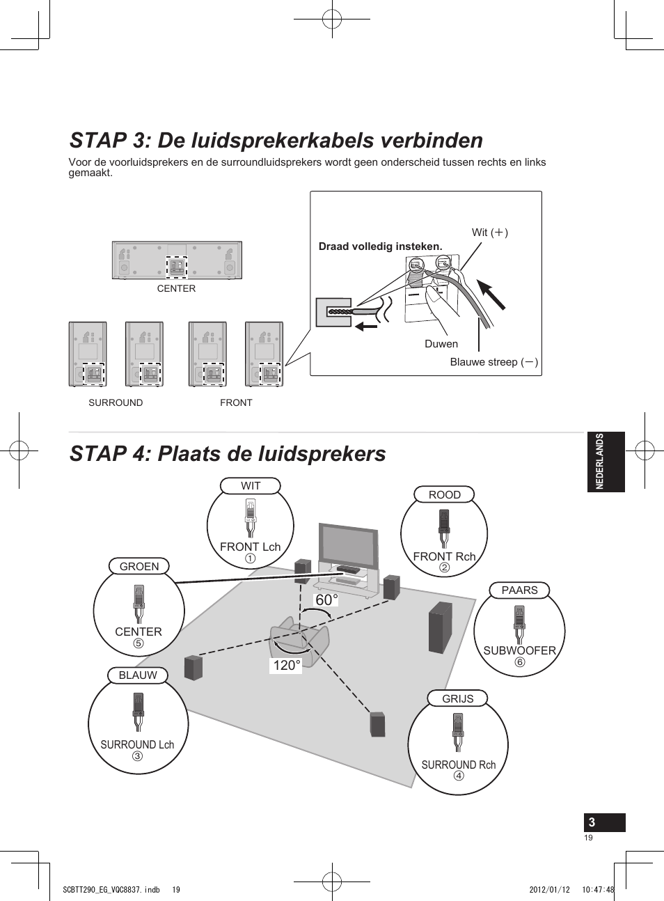 Stap 3: de luidsprekerkabels verbinden, Stap 4: plaats de luidsprekers | Panasonic SCBTT290EGK User Manual | Page 19 / 36