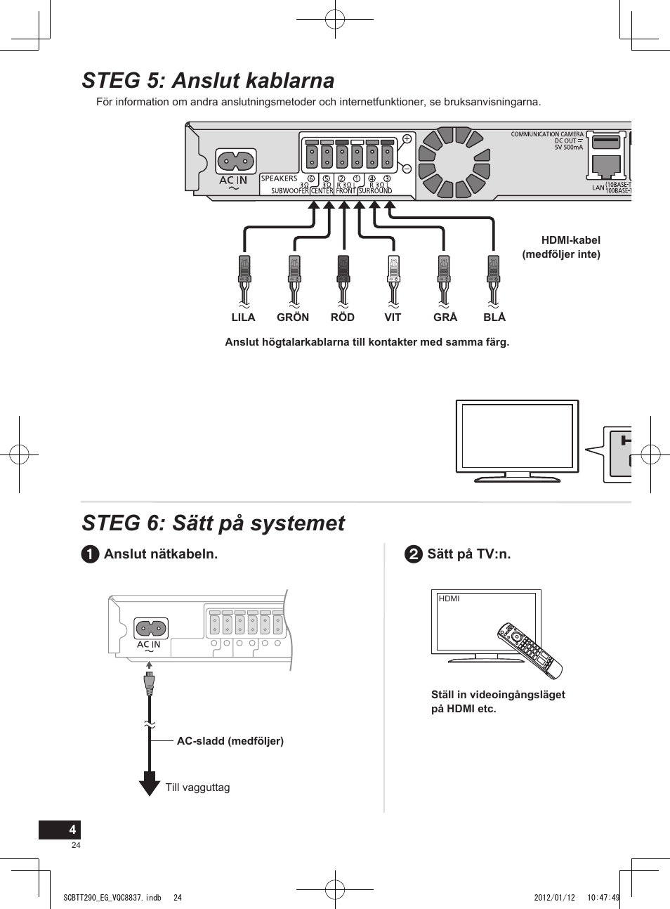 Steg 5: anslut kablarna steg 6: sätt på systemet | Panasonic SCBTT290EGK User Manual | Page 24 / 36