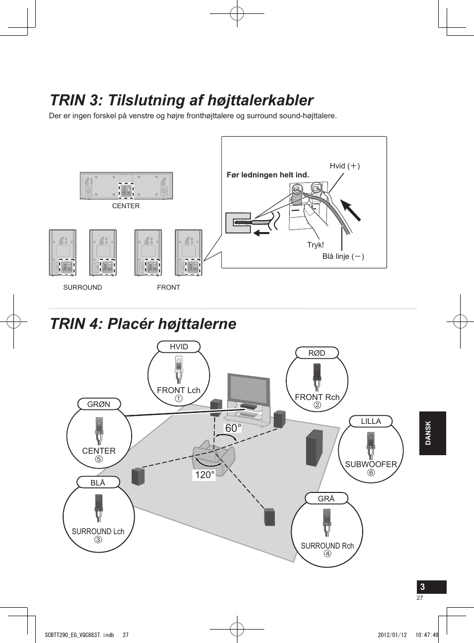 Trin 3: tilslutning af højttalerkabler, Trin 4: placér højttalerne | Panasonic SCBTT290EGK User Manual | Page 27 / 36