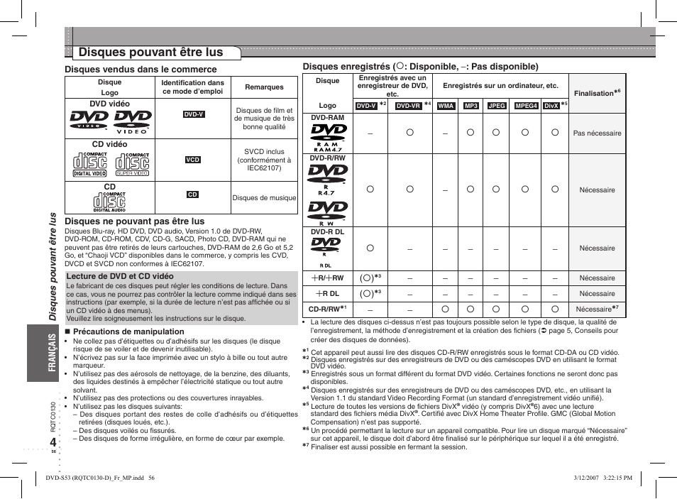 Disques pouvant être lus | Panasonic DVDS53 User Manual | Page 10 / 14